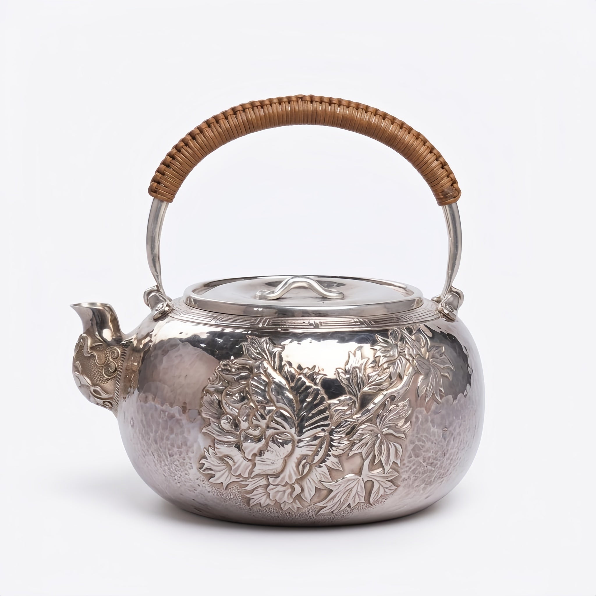 925 Sterling Silver Handcrafted Sterling Silver Floral Teapot with Woven Bamboo Handle and Hammered Texture - Handicraft