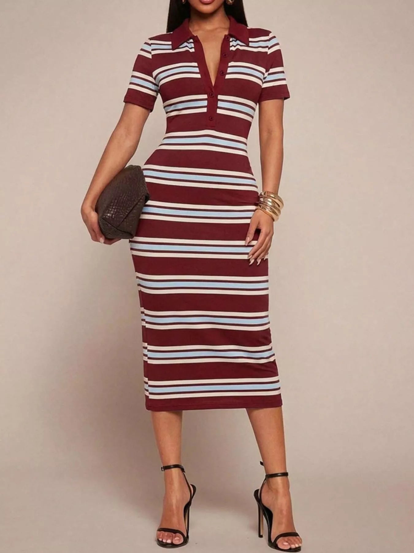 Striped Polo Collar Midi Dress