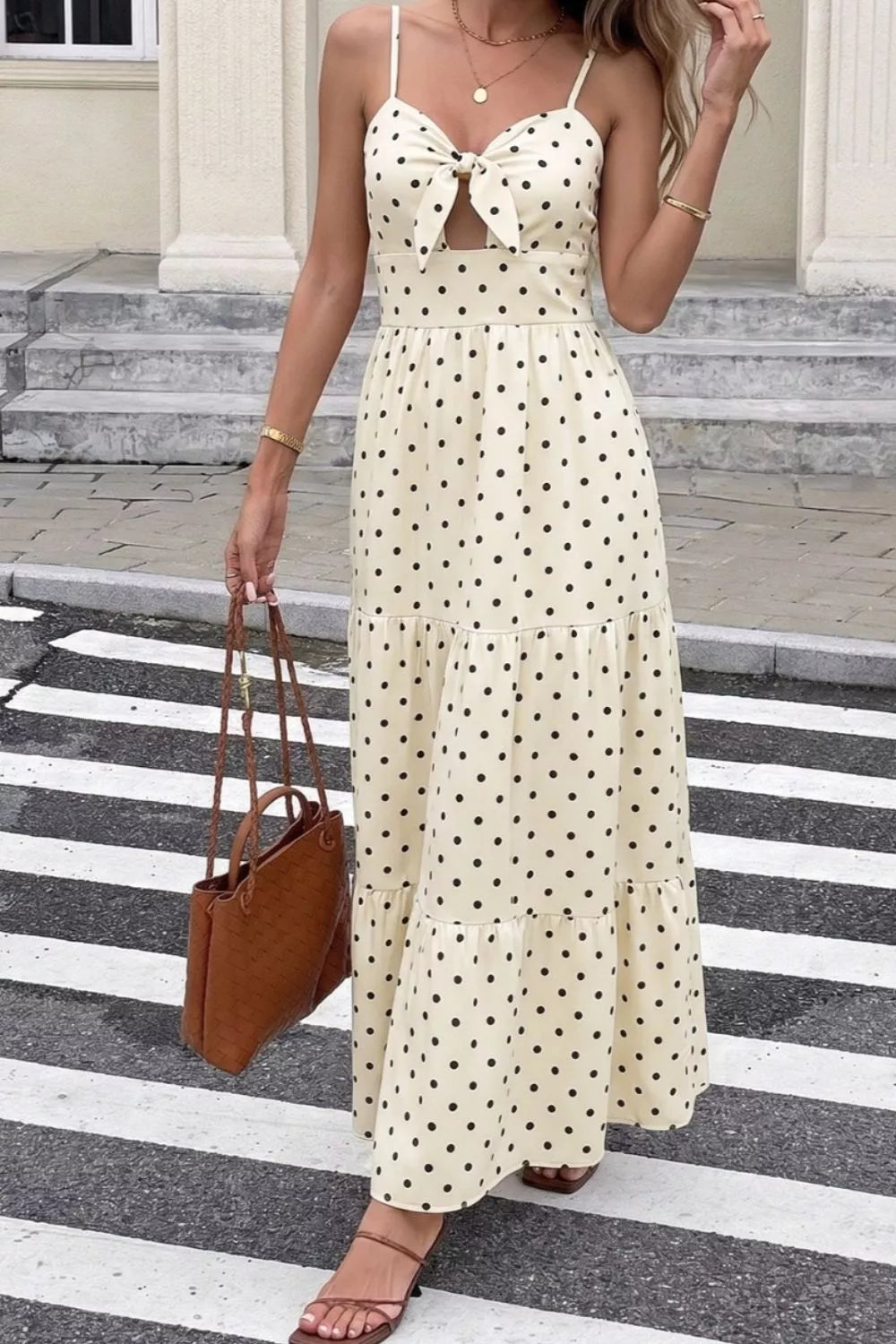 Polka Dot Tie-Front Cutout Maxi Dress