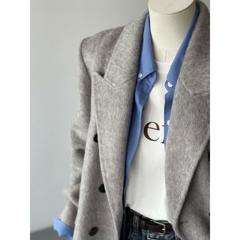 Womens Solid-Color Short Loose-Fit Double-Faced Cashmere Coat