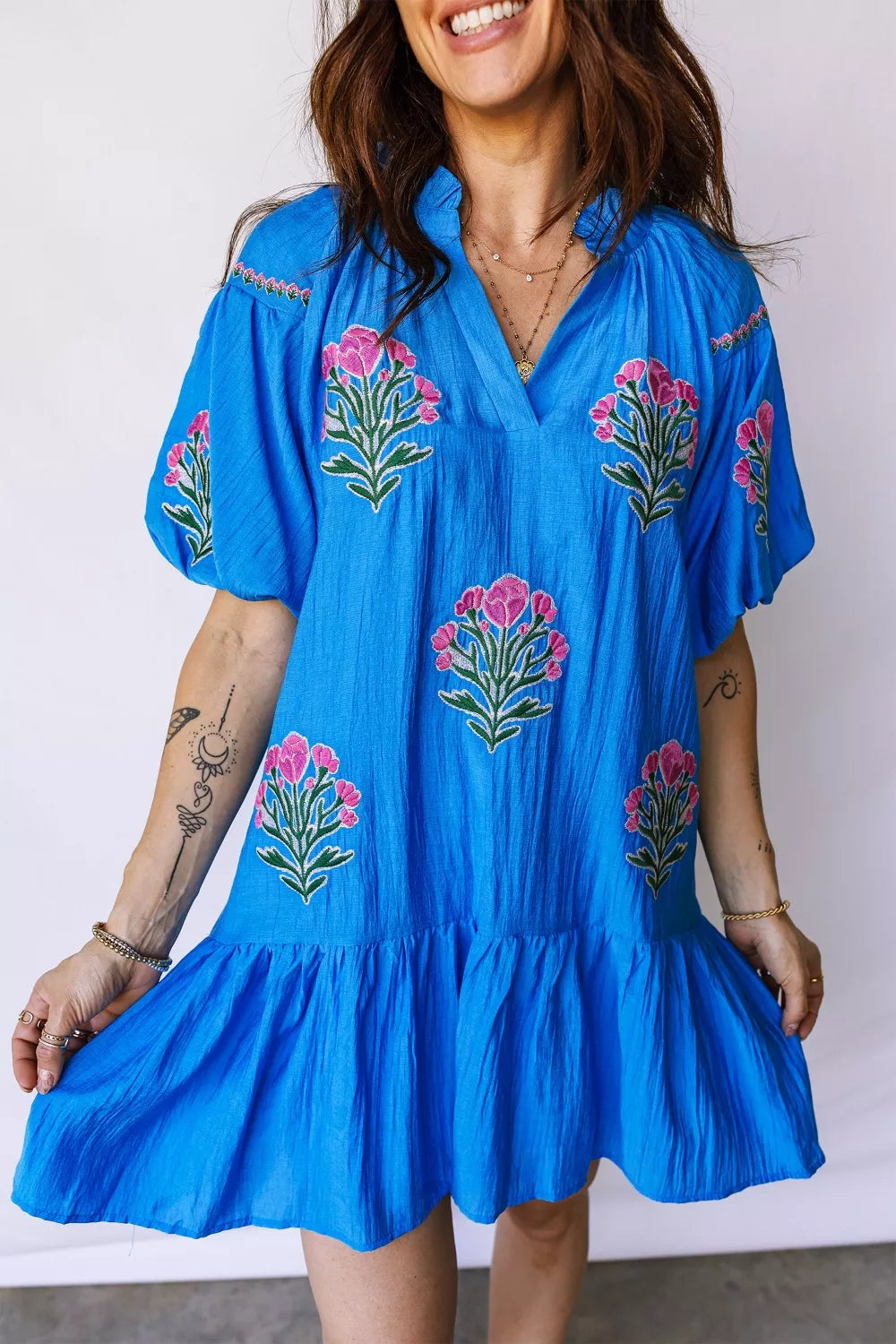 Flower Embroidered Split Neck Short Puff Sleeve Ruffle Hem Dress
