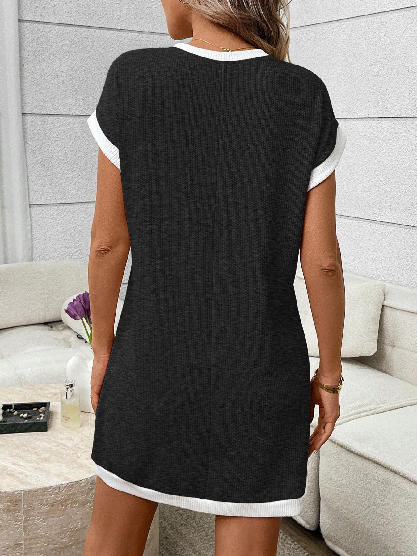 Contrast Trim Ribbed Knit Mini Dress with Pocket