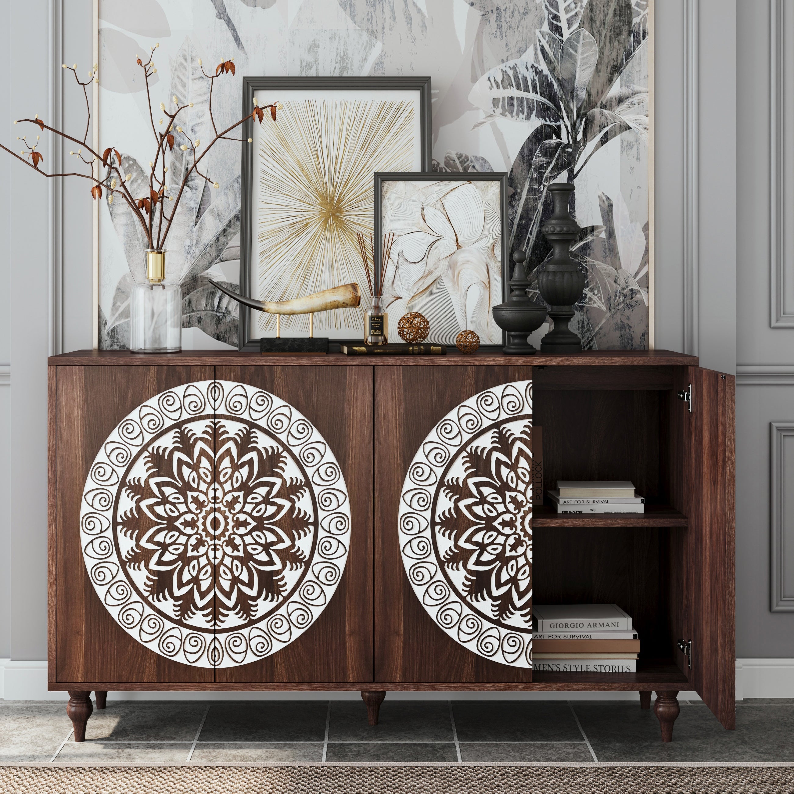 60" Vintage Mandala Carved Sideboard