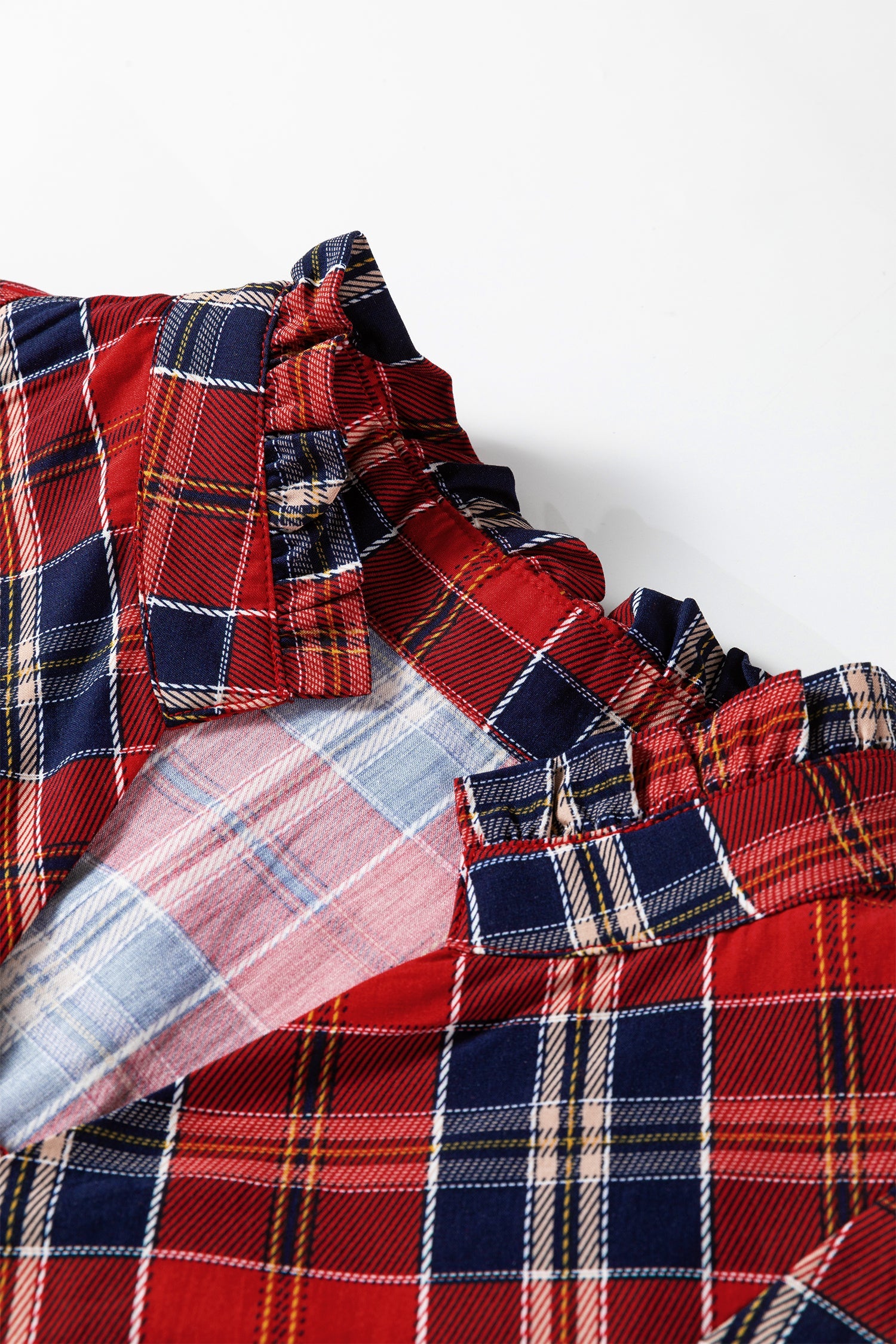 Plaid Print Frilly Collar Long Sleeve Shift Mini Dress