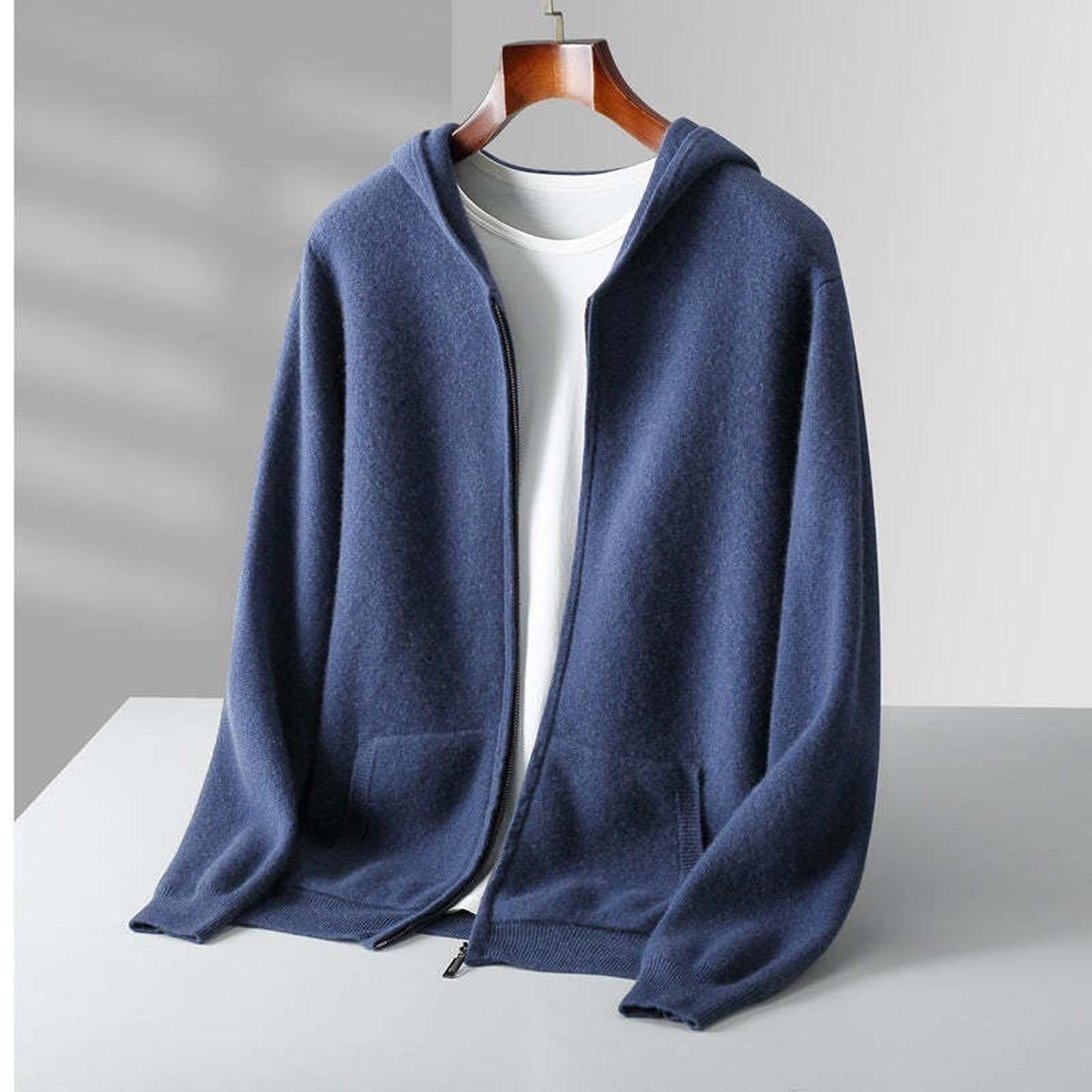 Fall Winter New Cashmere Zip-Up Hooded Sweater Set for Men, Thick Loose Knit Cardigan Jacket