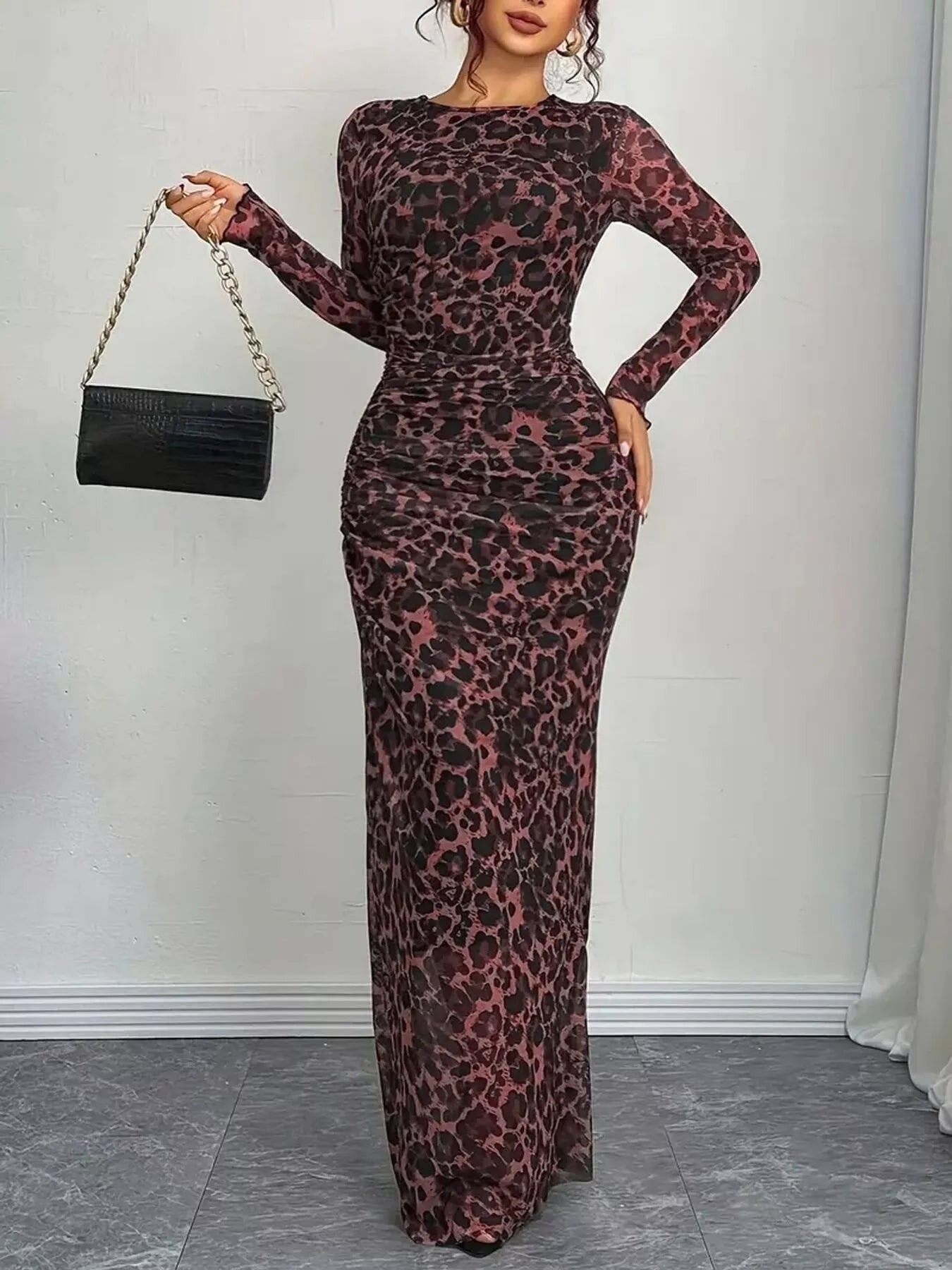 Leopard Ruched Bodycon Maxi Dress