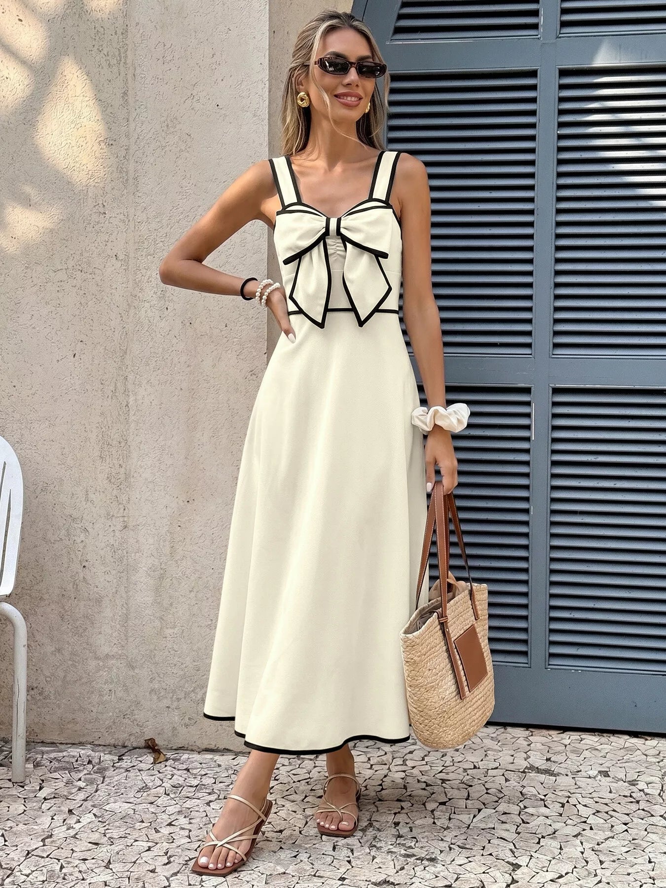 Bowknot Trim A-Line Midi Dress