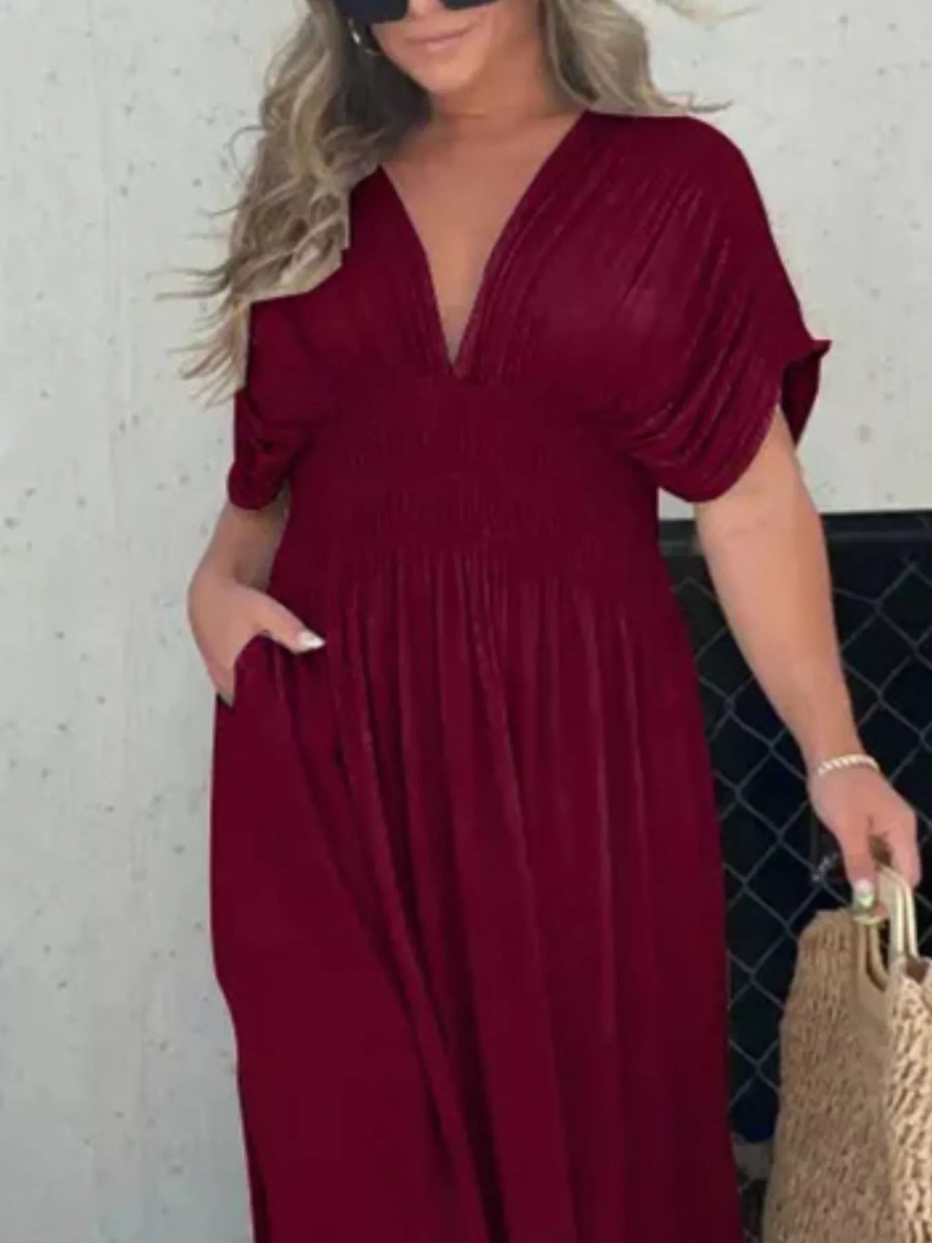 Full Size Slit V-Neck Smocked Waist Maxi Dress Plus Size