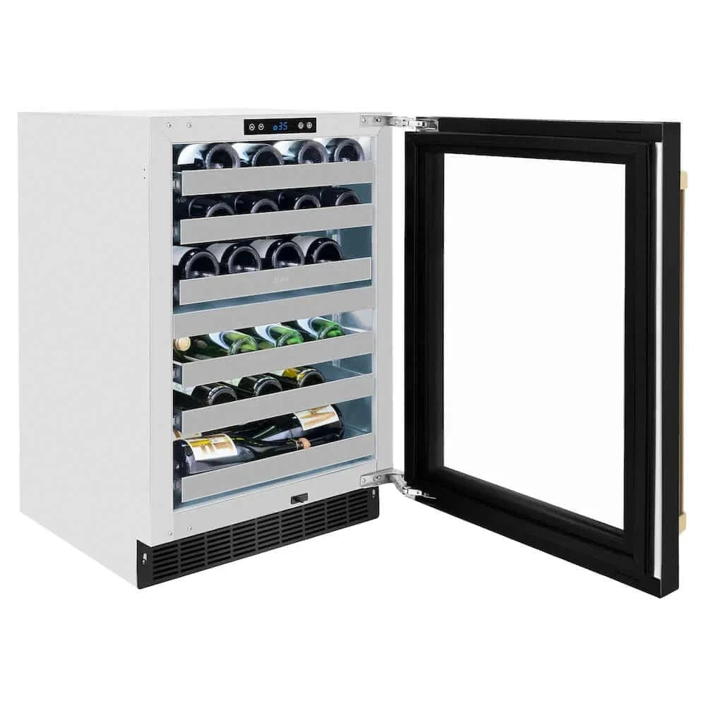 ZLINE 24" Touchstone Dual Zone 44 Bottle Wine Cooler Black Stainless Steel Glass Door Champagne Bronze Handle RWDOZ-BS-24-CB