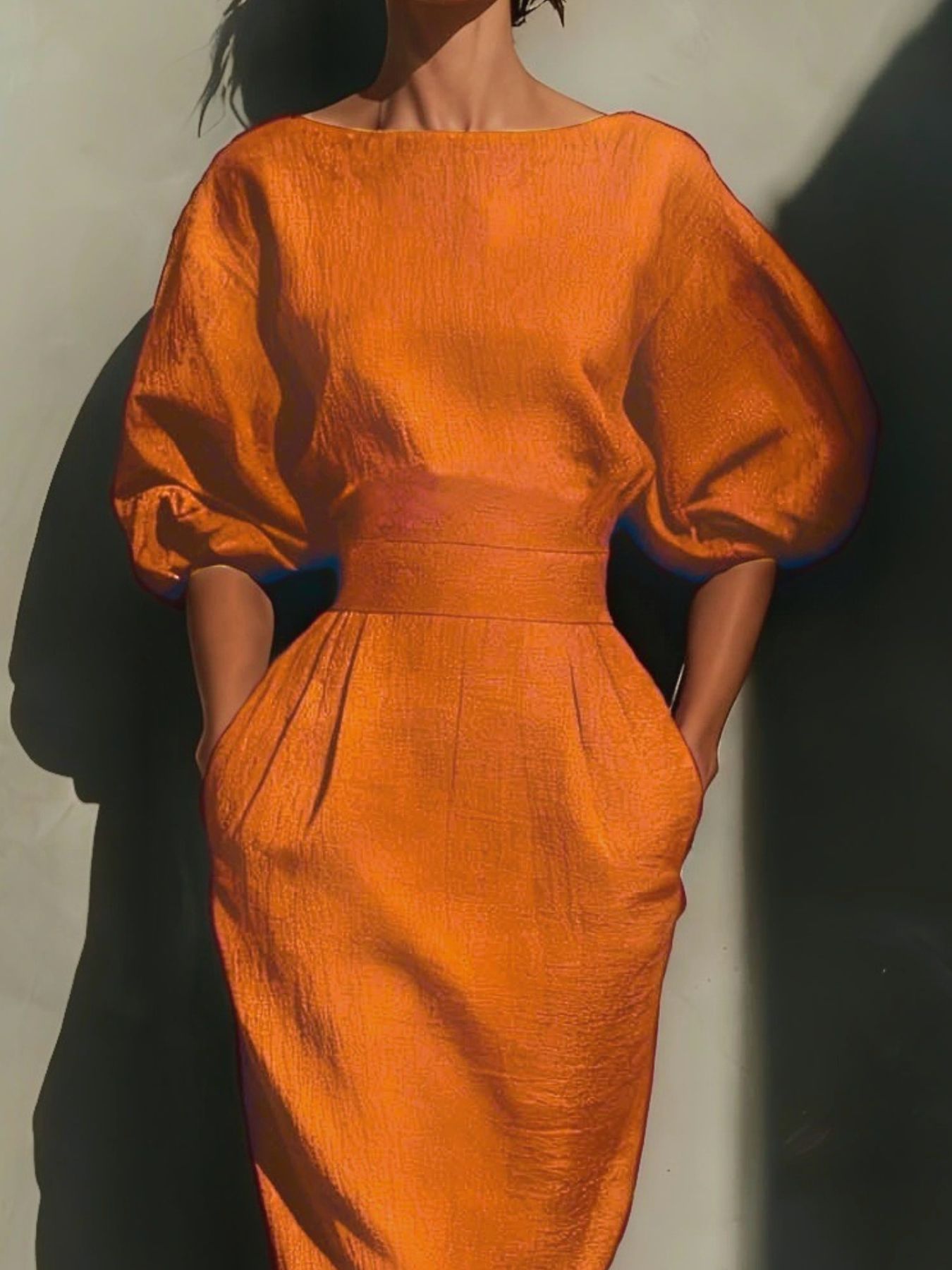 Round Neck Puff Sleeves Midi Dress
