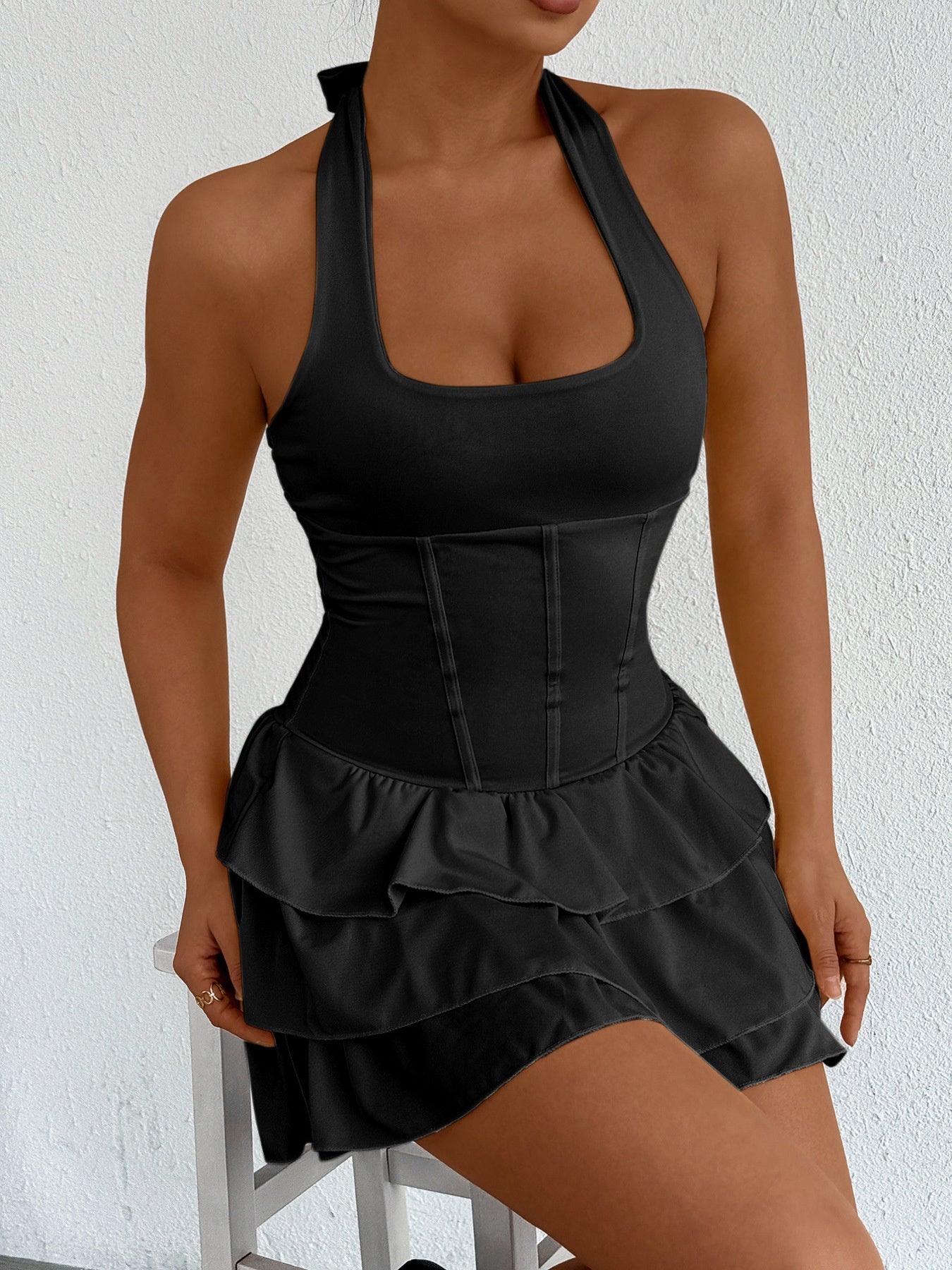 Halter Neck Ruffle Layered Dress