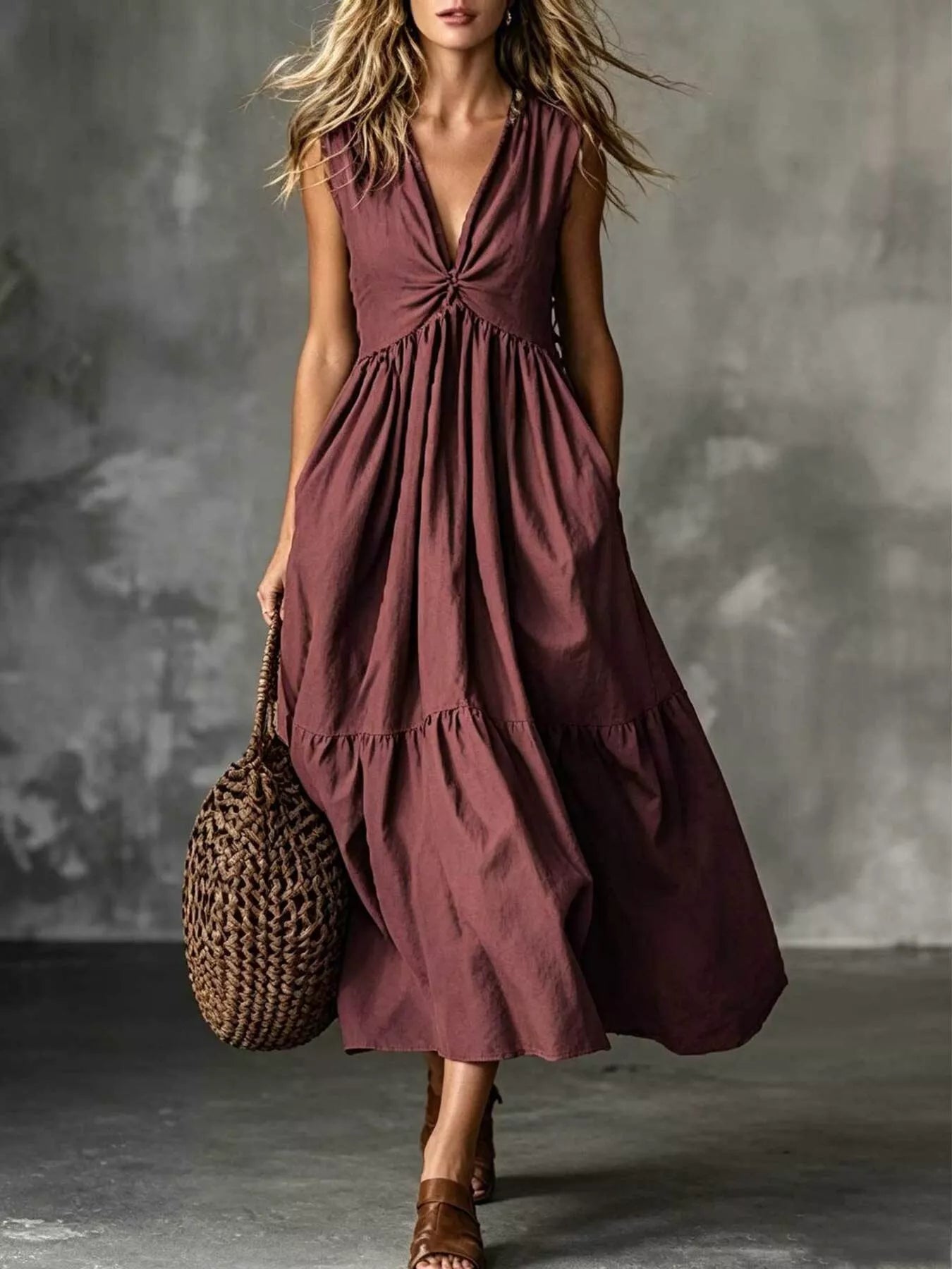 V-Neck Twisted Tiered Midi Dress