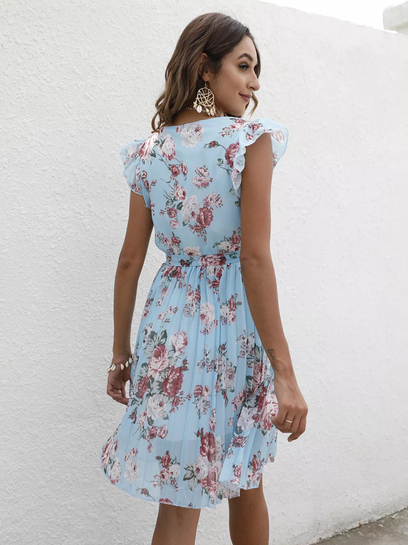 Pleated Floral Print Ruffle Sleeve Dress