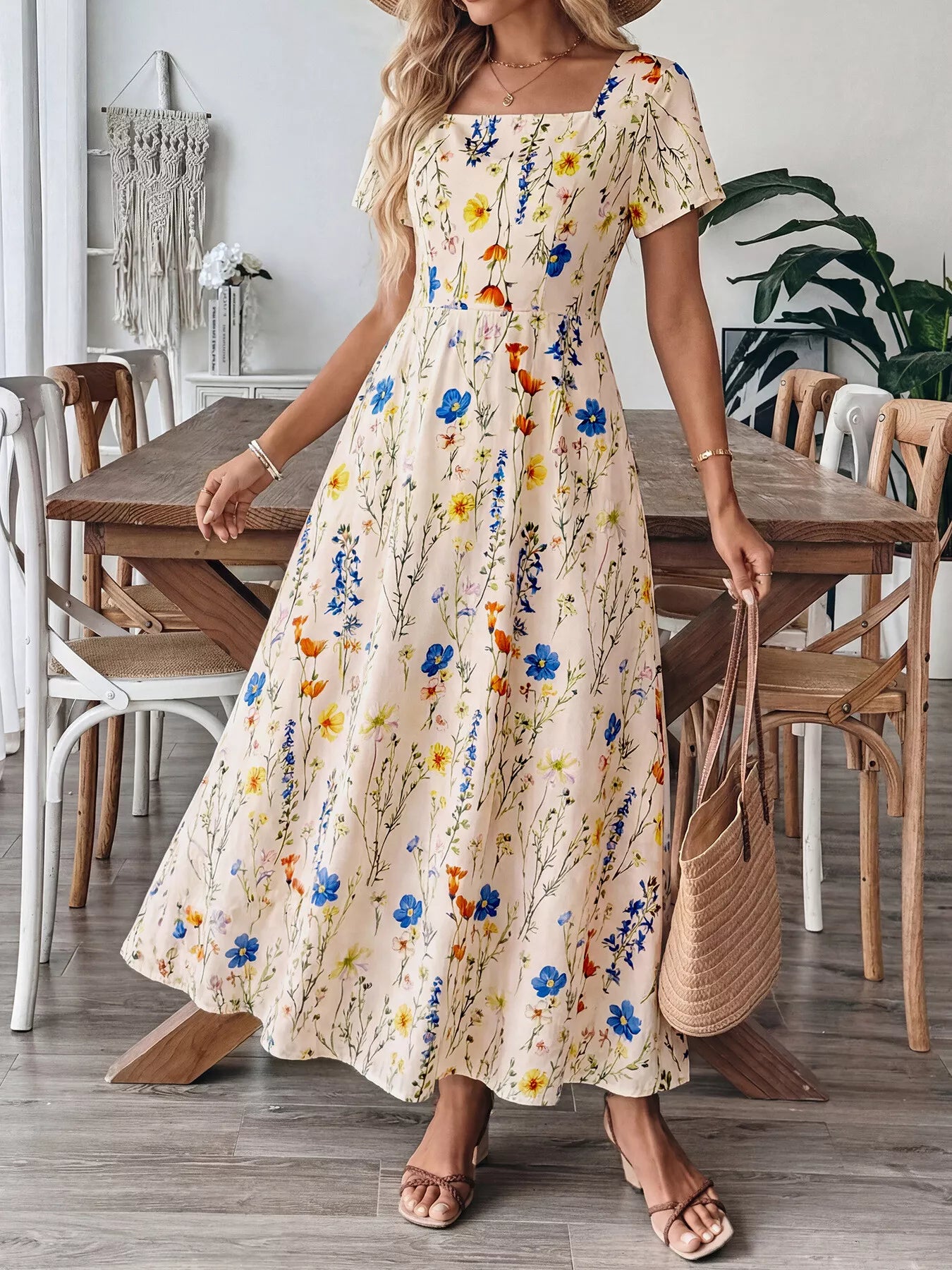 Floral Print Square Neck Casual Maxi Dress