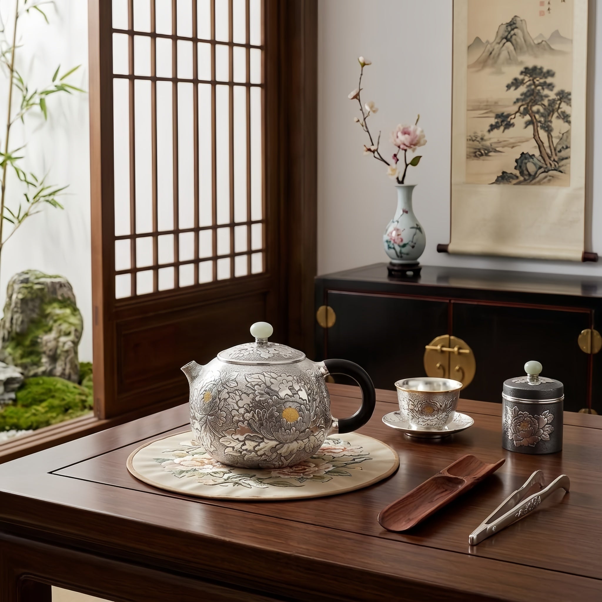 Pure 999 Fine Silver Handcrafted Silver Peony Teapot with Ebony Handle and Jade Finial - Handicraft