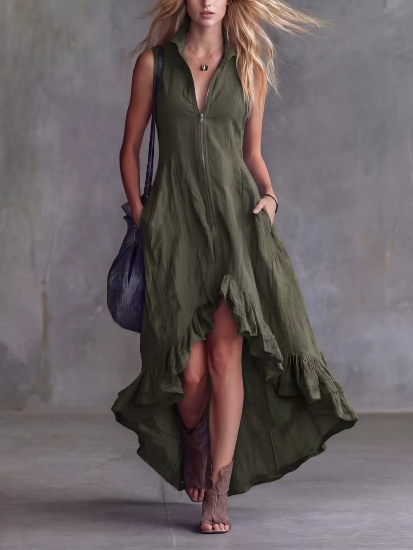 Full Size High-Low Ruffled Zip Front Dress Plus Size