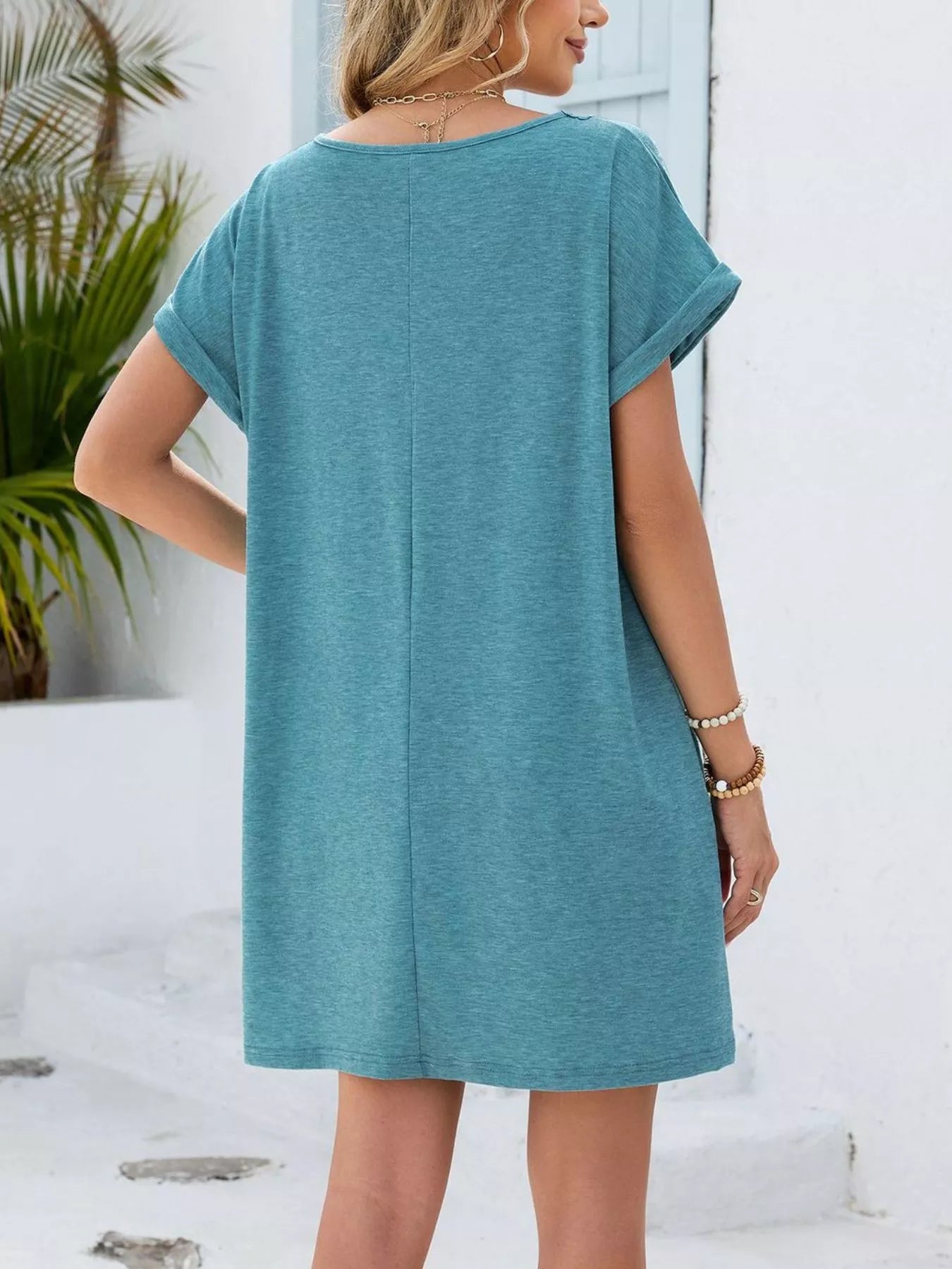 Lace Trim Notched Short Sleeve Dress