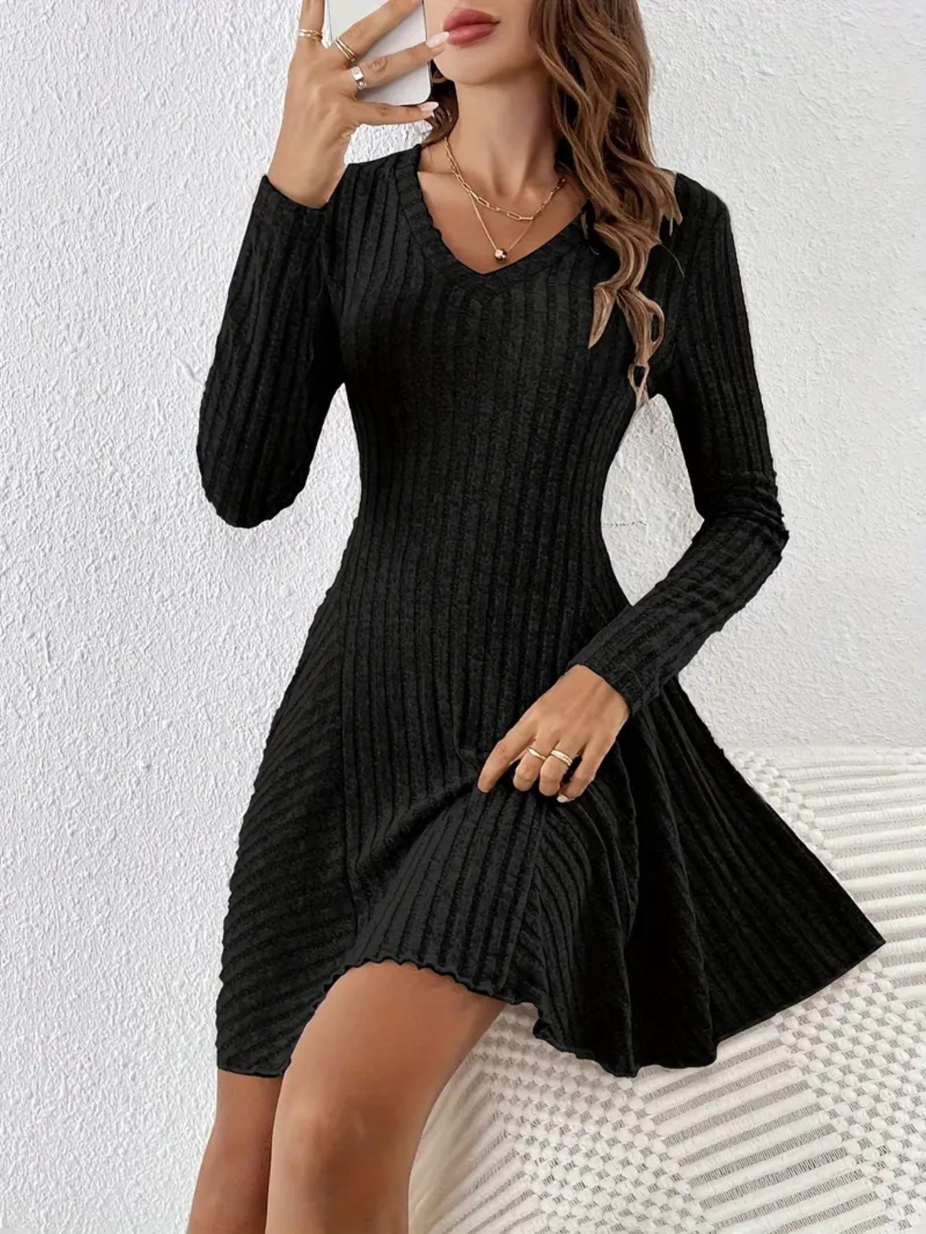 Ribbed Knit Long Sleeve A-Line Dress