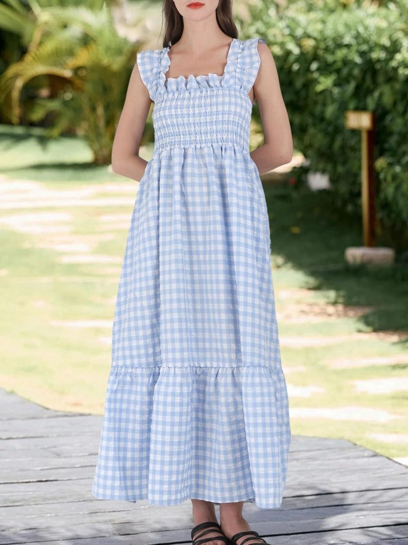 Ruffled Sleeveless Gingham Midi Dress