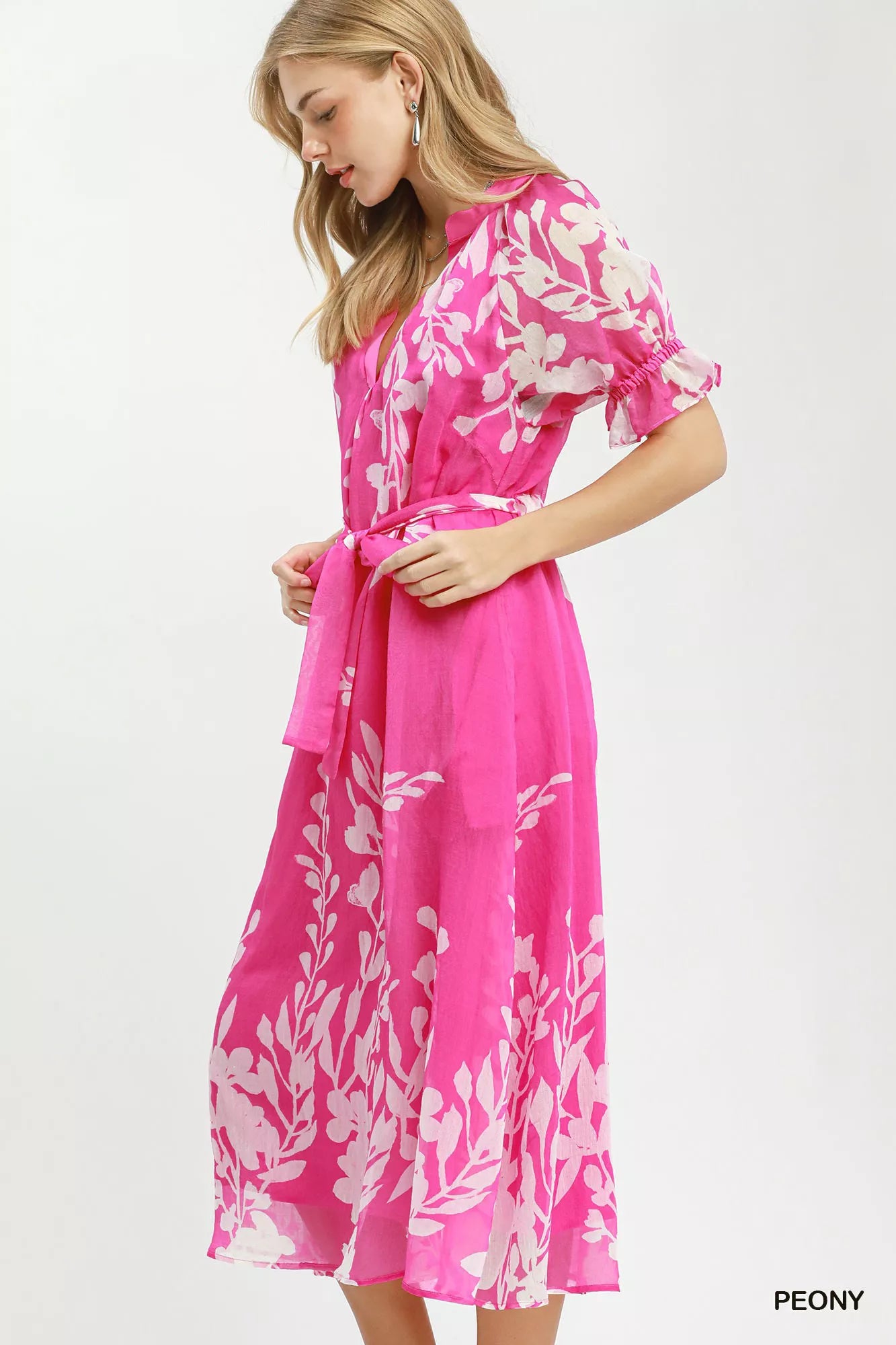 Umgee Floral Print Tie Waist Midi Dress with Side Pockets