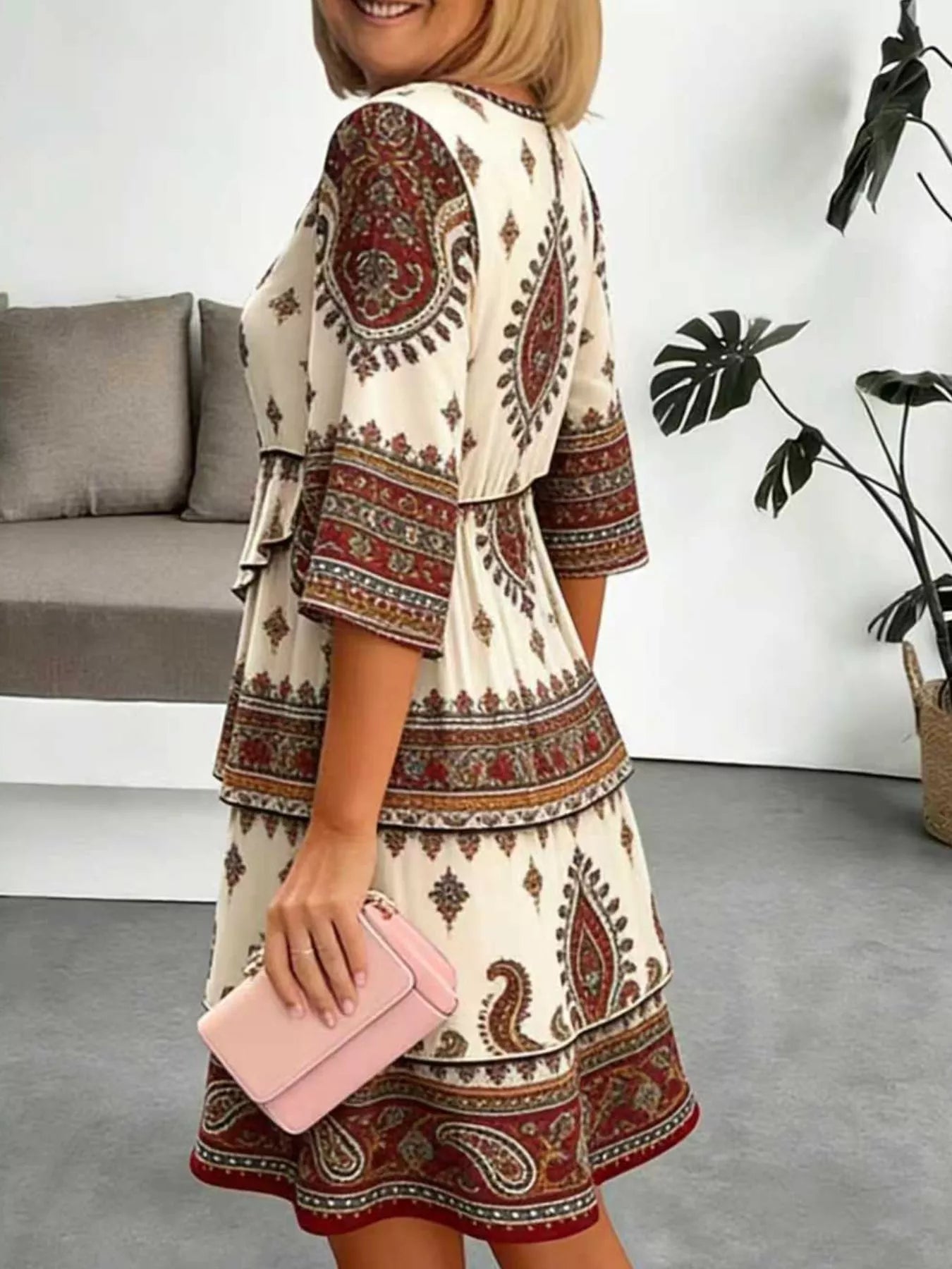 Full Size Paisley Print Layered Ruffle Mini Dress Plus Size
