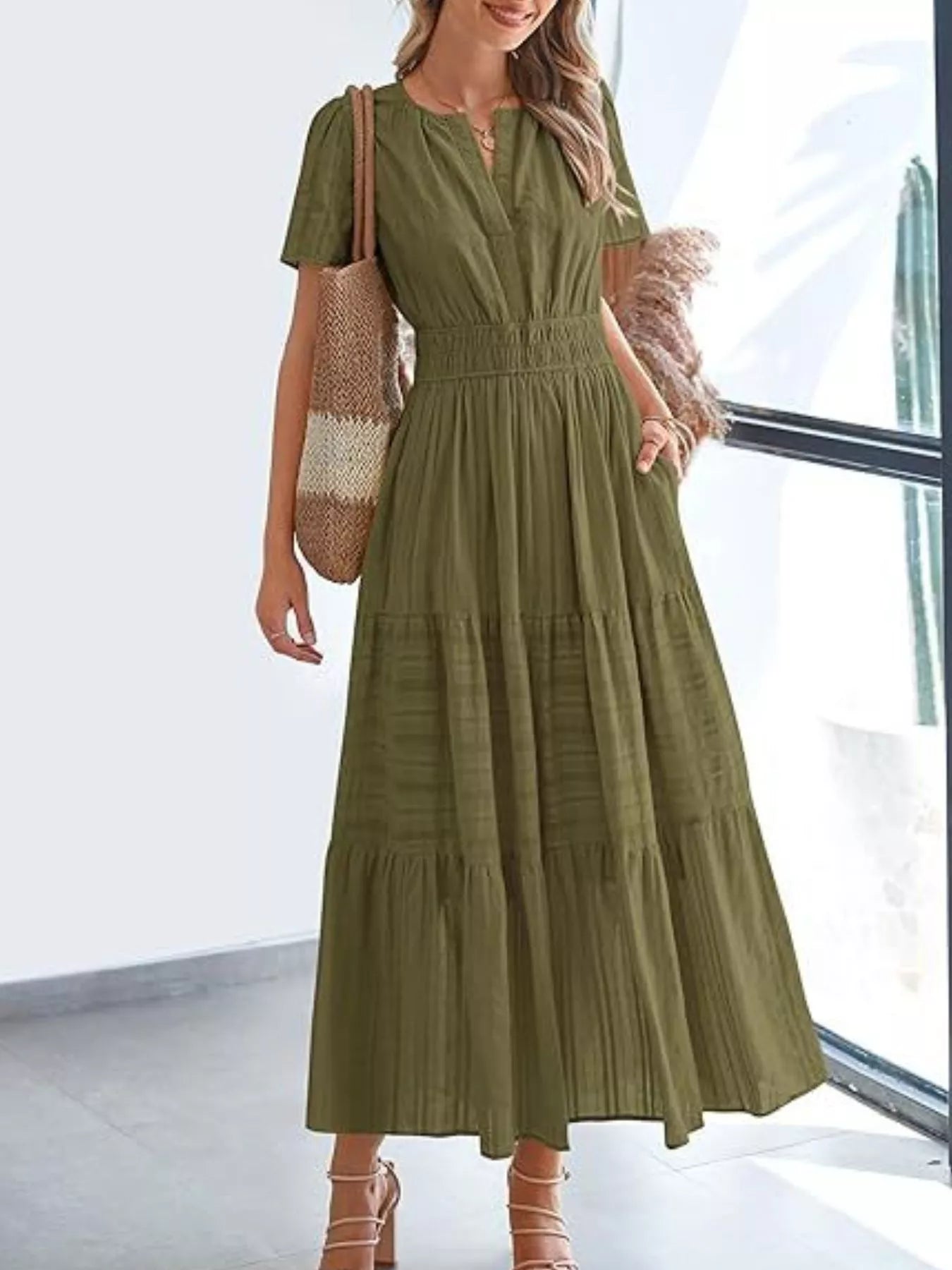 Full Size Short Sleeve Tiered Midi Dress Plus Size