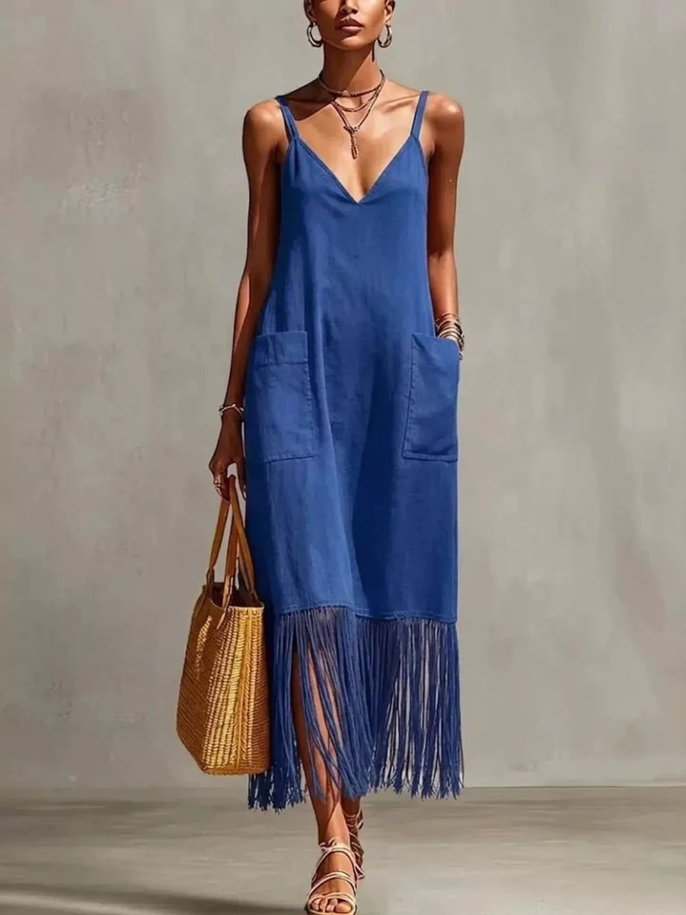 Full Size Fringe V-Neck Spaghetti Strap Dress Plus Size