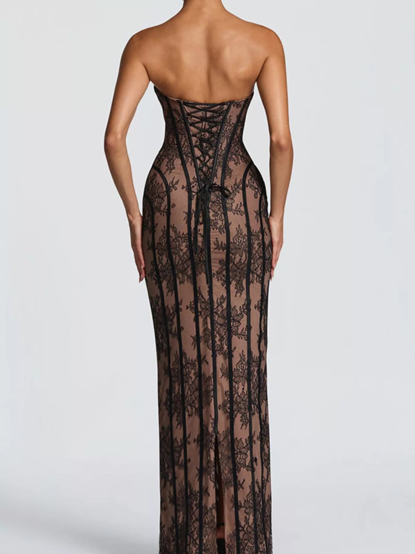 Lace Up Back Strapless Maxi Dress