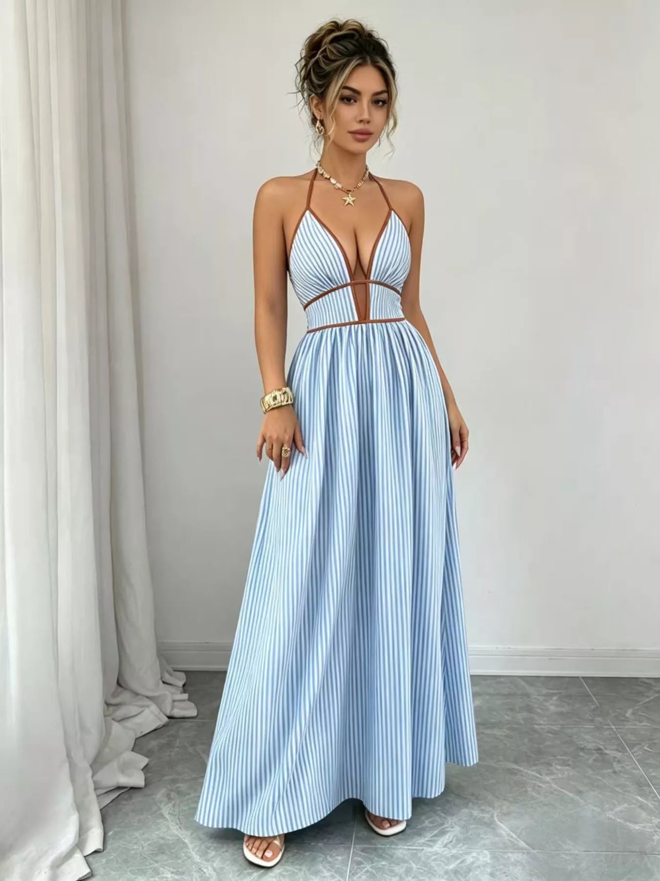 Striped Halter Neck Maxi Dress