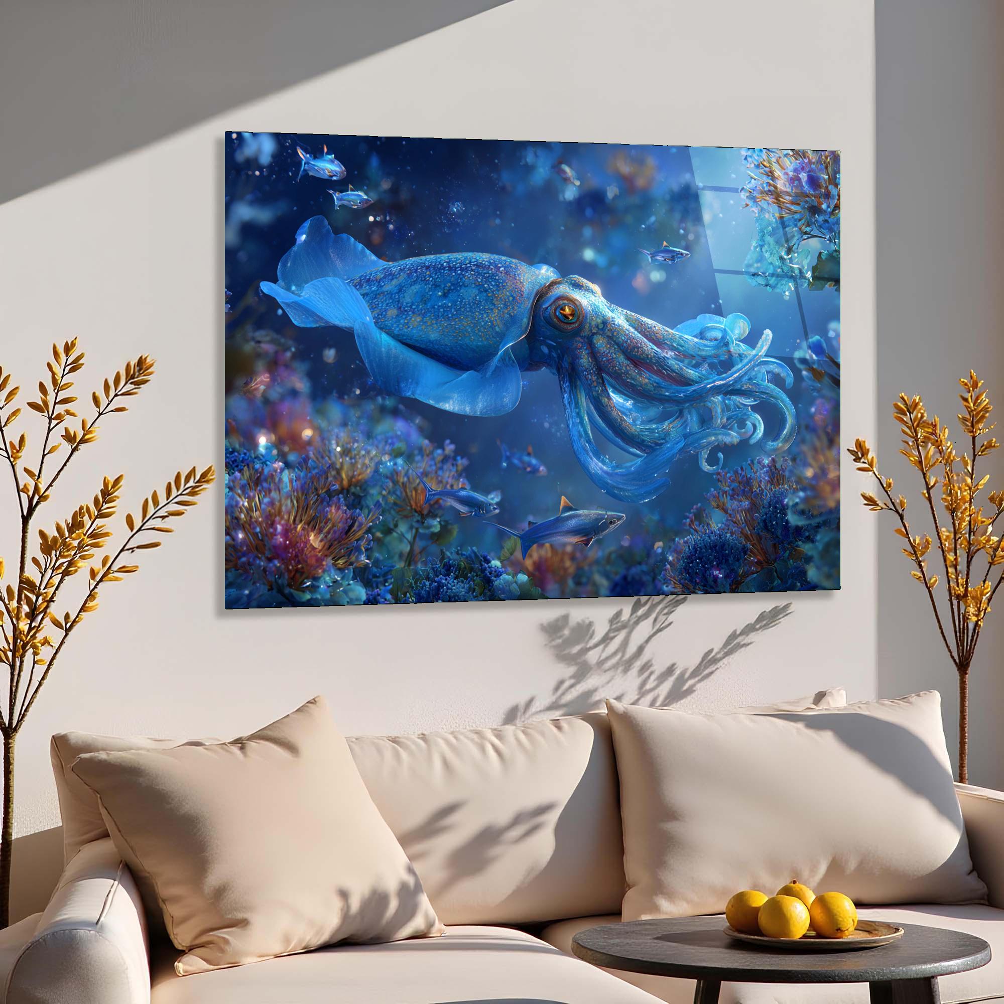 Blue Squid Tempered Glass Wall Art | Ocean Reef Decor