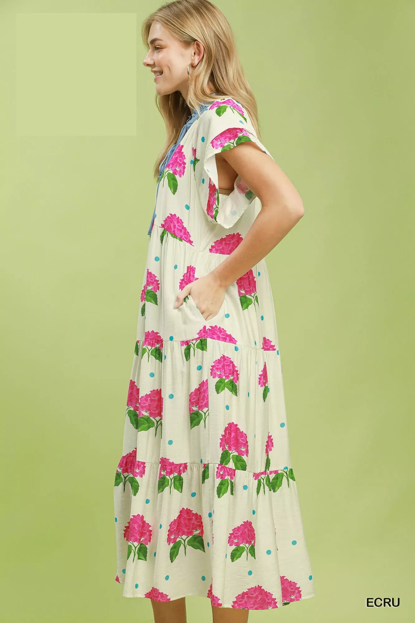 Umgee Hydrangea Print Tiered Midi Dress