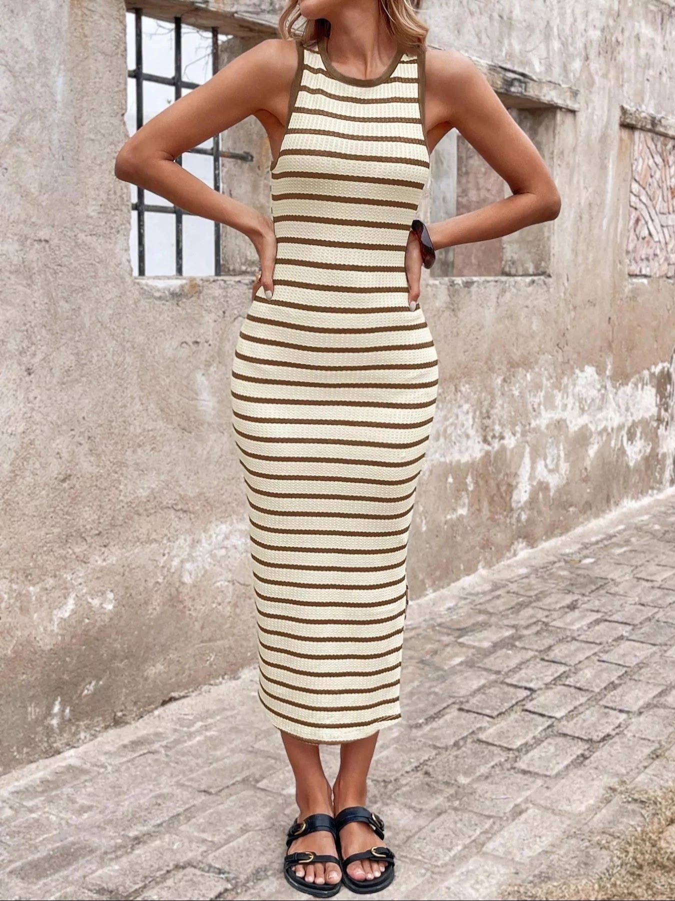 Striped Sleeveless Bodycon Midi Dress