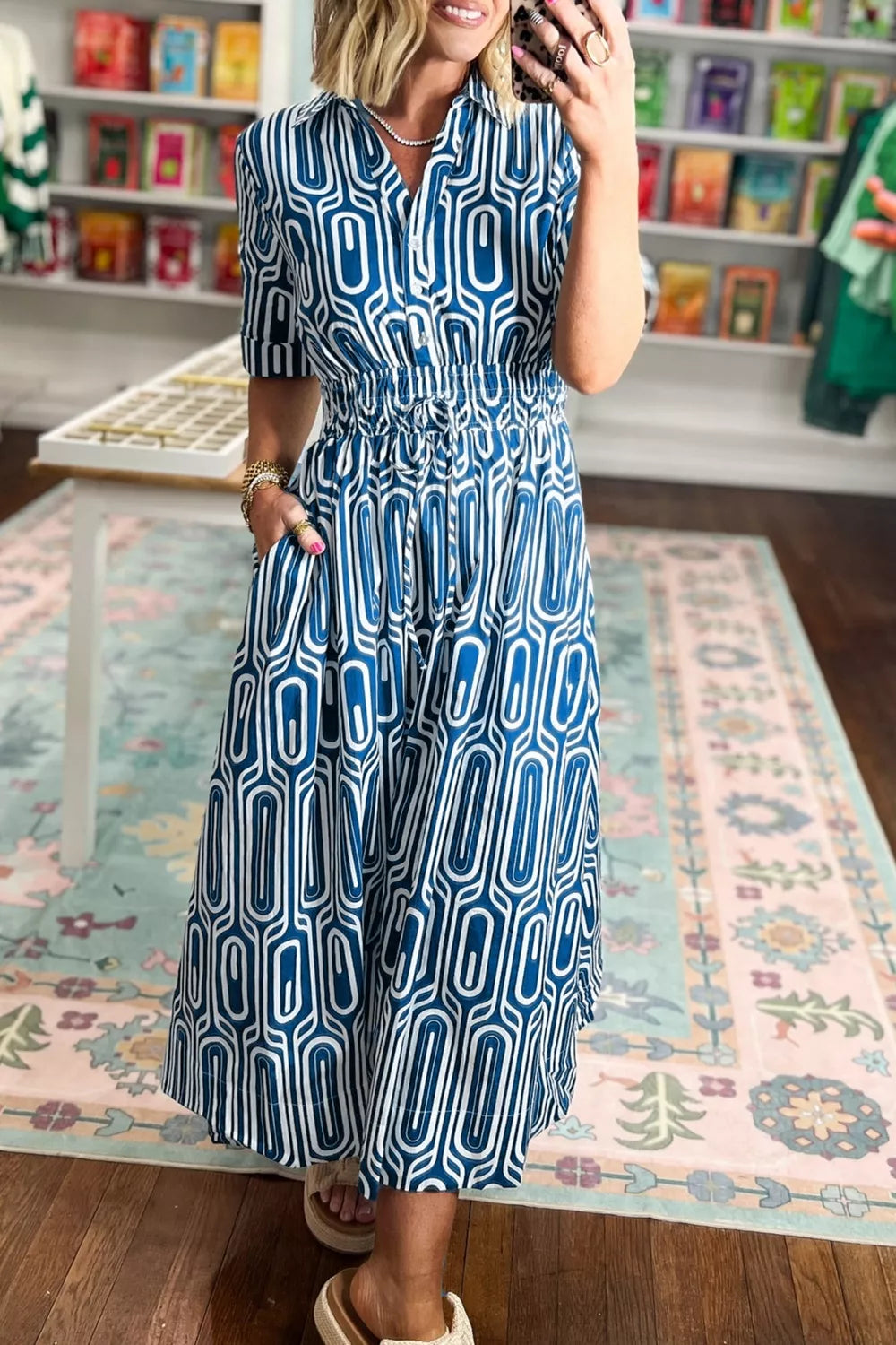 Geometric Print Short Sleeve Drawstring Shirt Collar Dress