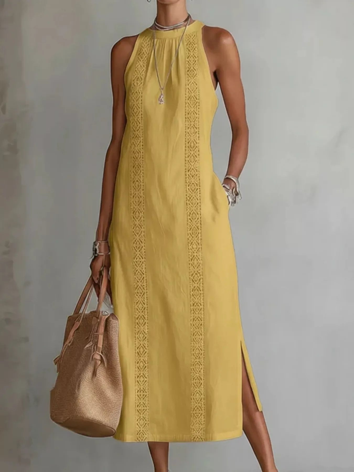 Full Size Sleeveless Lace Trim Midi Dress Plus Size