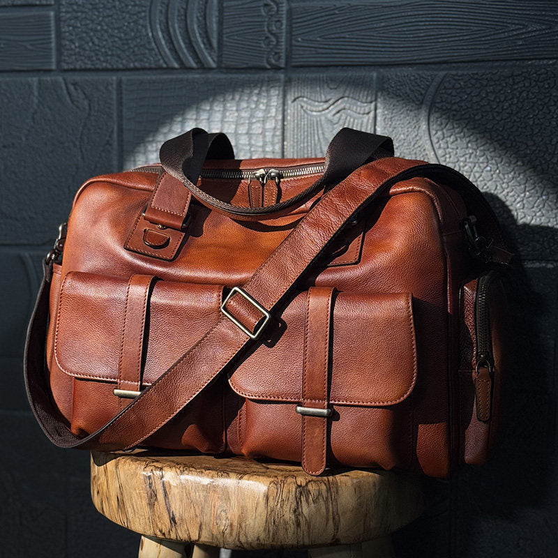 Full-grain Leather Vintage Tote Bag With Large Capacity
