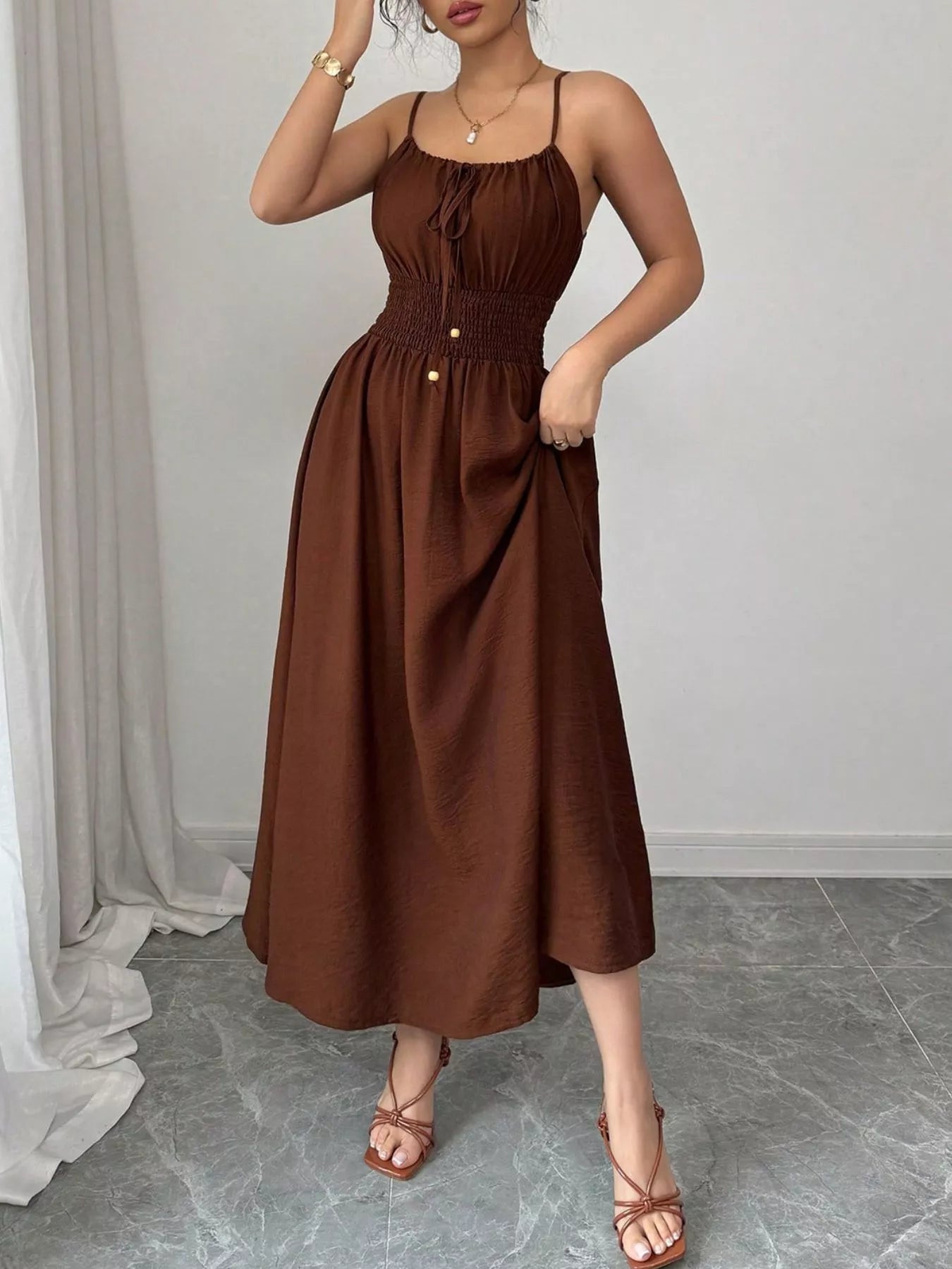 Smocked Spaghetti Strap Midi Dress