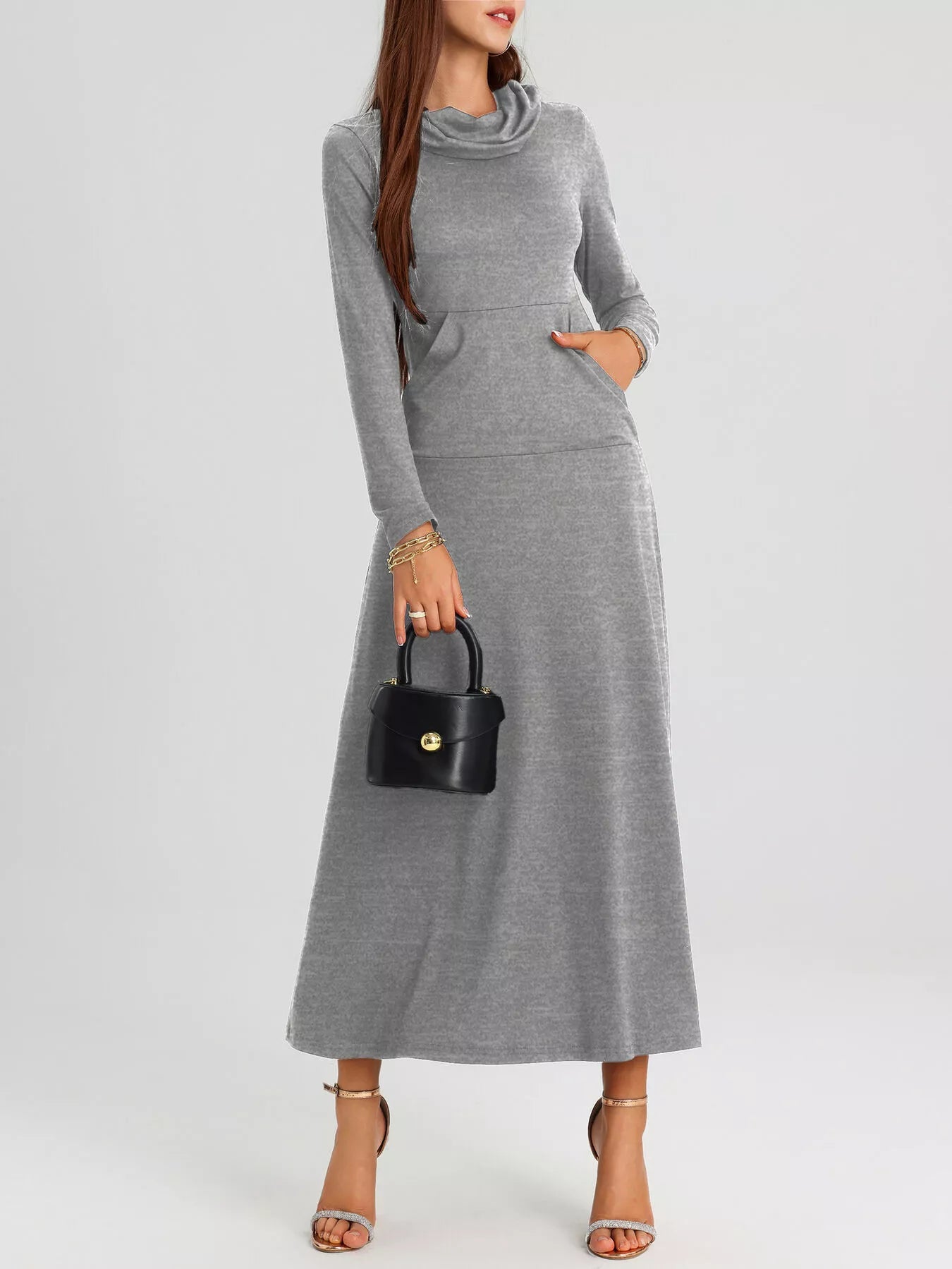 Cowl Neck Long Sleeve Midi Dress