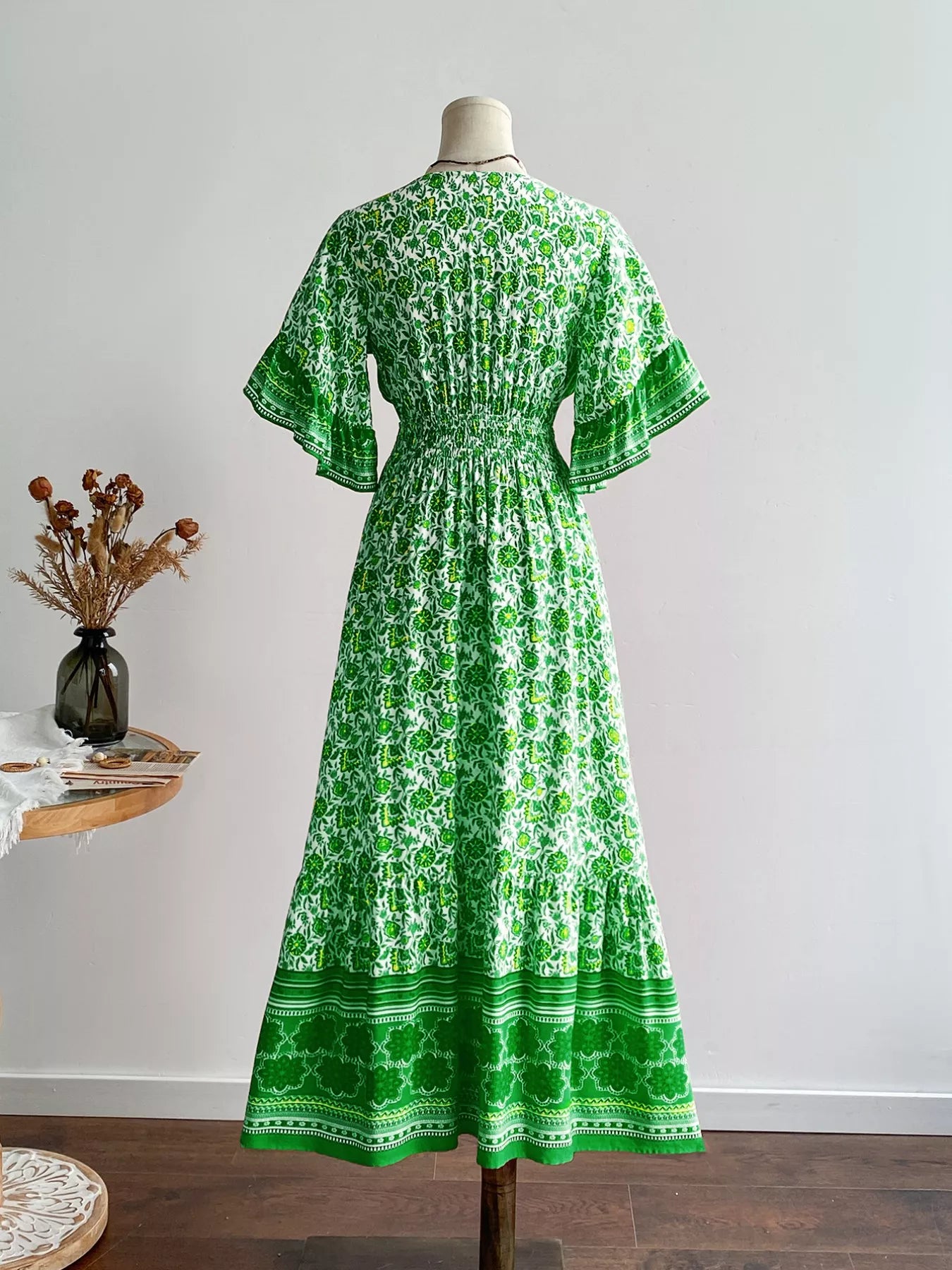 Floral Deep V-Neck Flutter Sleeves Dress