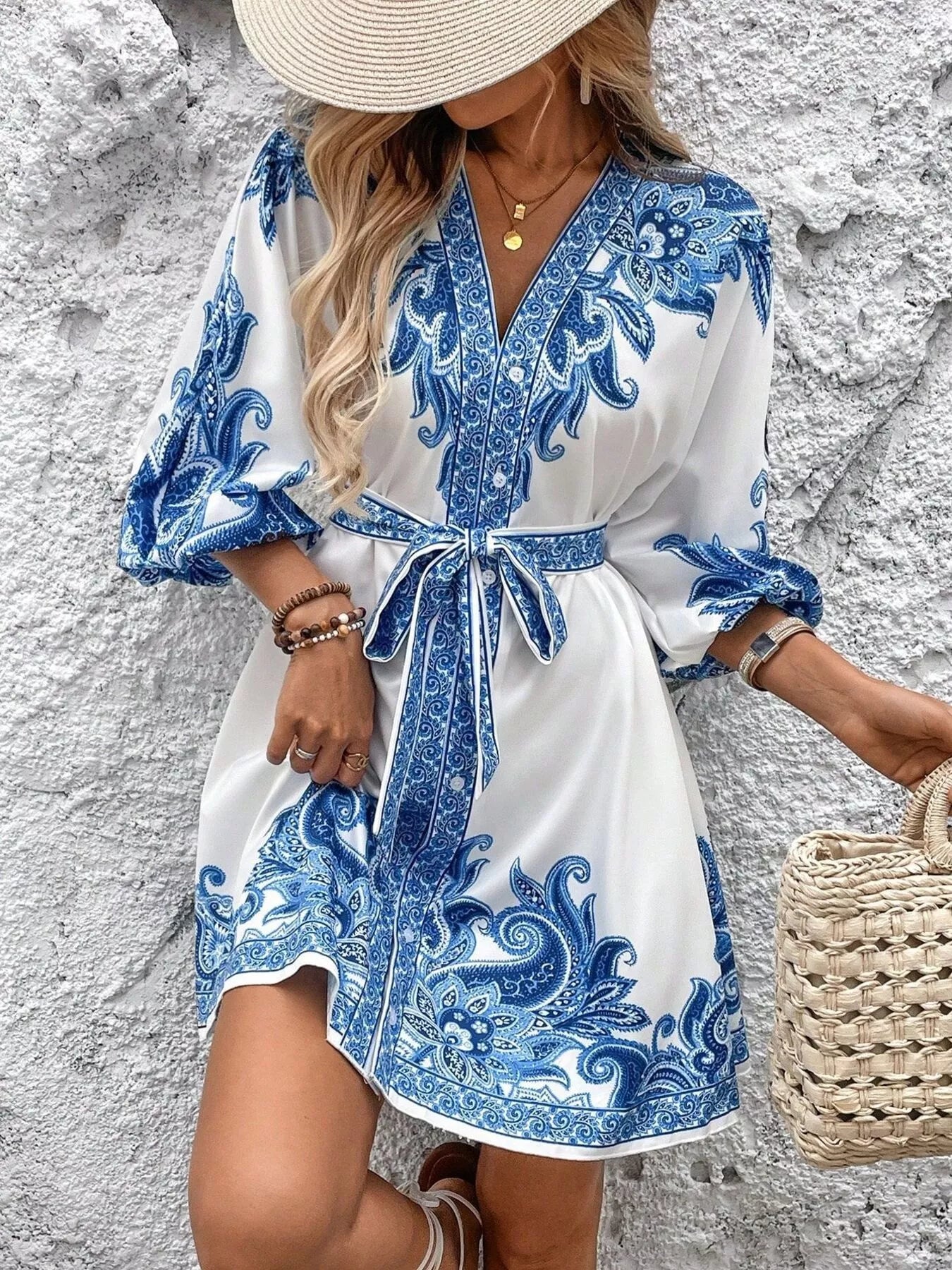 Paisley Print V-Neck Belted Mini Dress