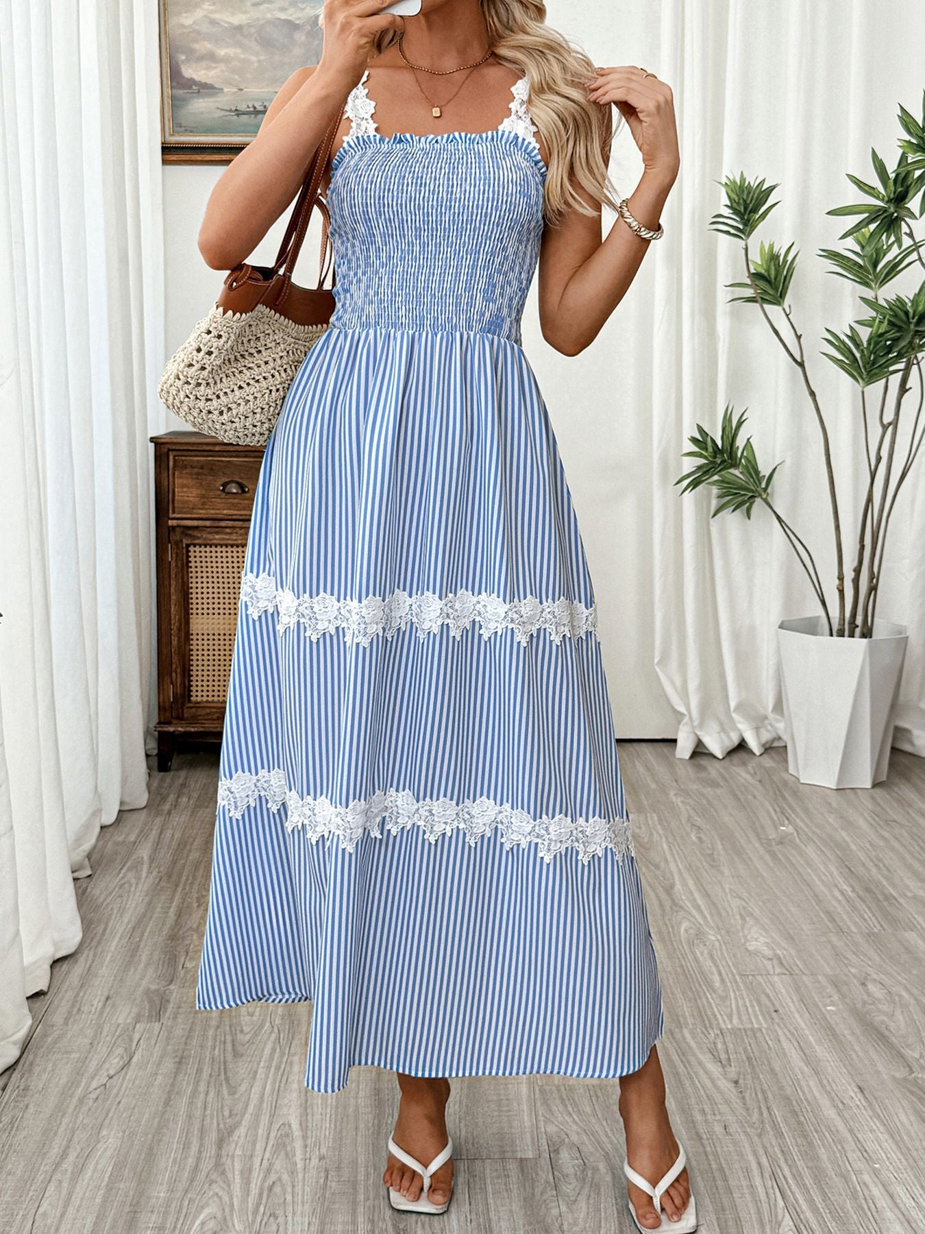 Striped Smocked Lace Trim Midi Dress