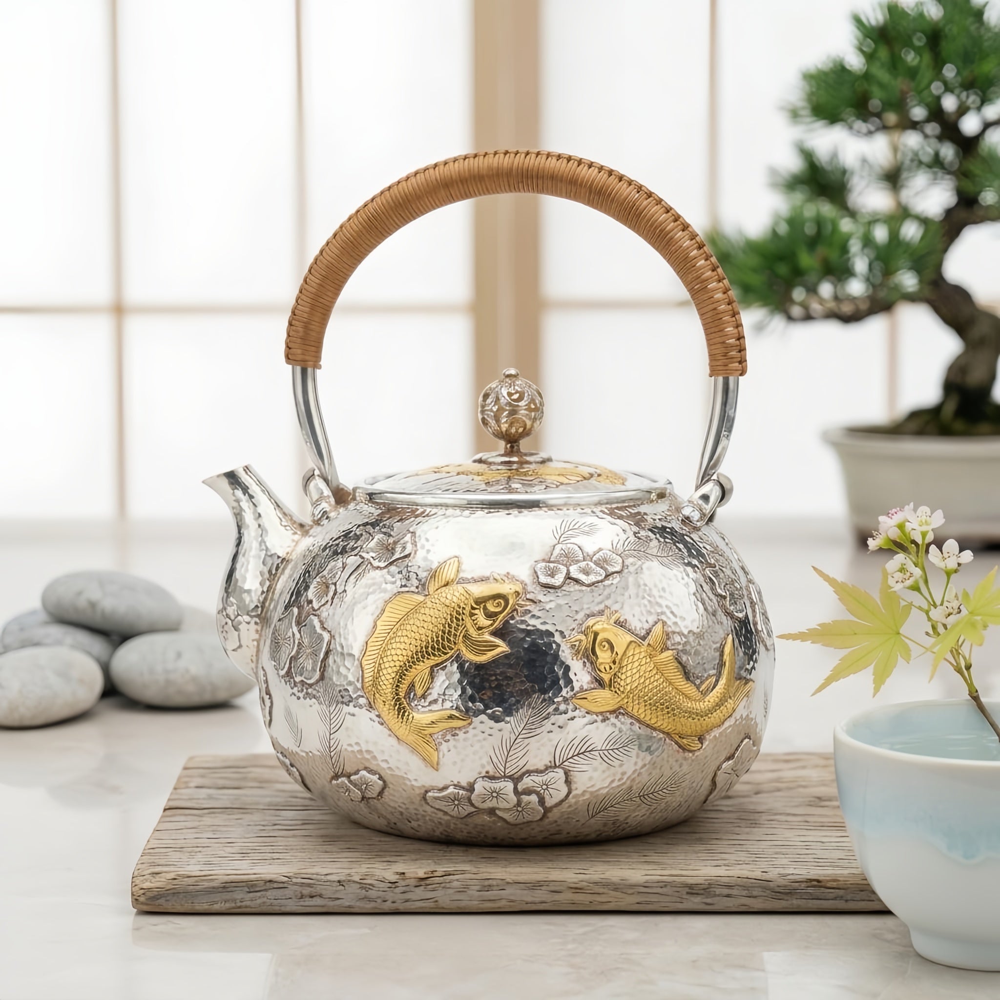 925 Sterling Silver Exquisite Silver Teapot Featuring Handcrafted Gilded Carp and Intricate Floral Motifs - Handicraft