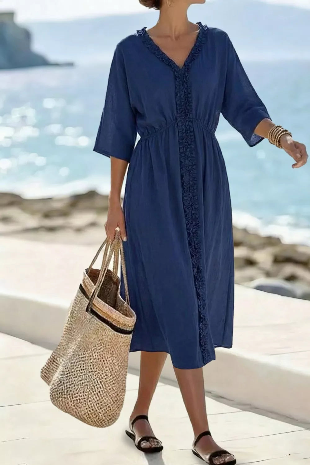 Frill V-Neck Half Sleeve Midi Dress