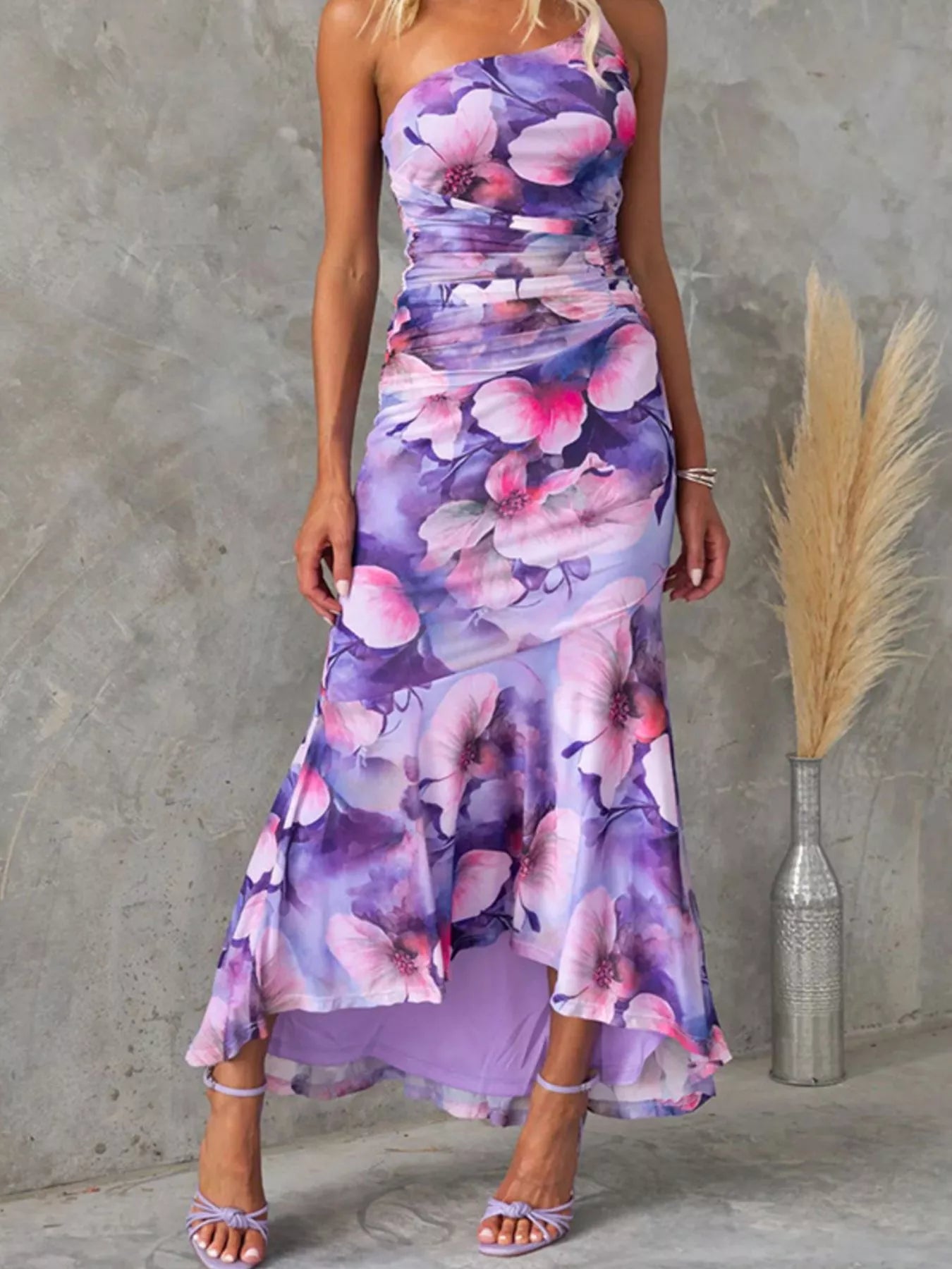 Floral Print One-Shoulder Ruched Maxi Dress