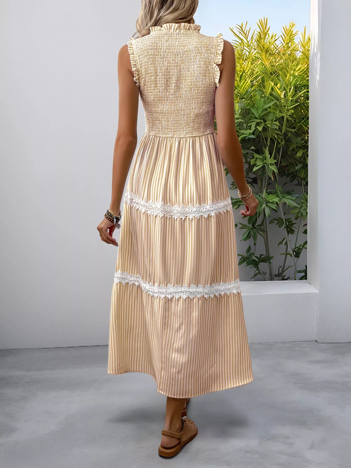Striped Smocked Sleeveless Tiered Midi Dress
