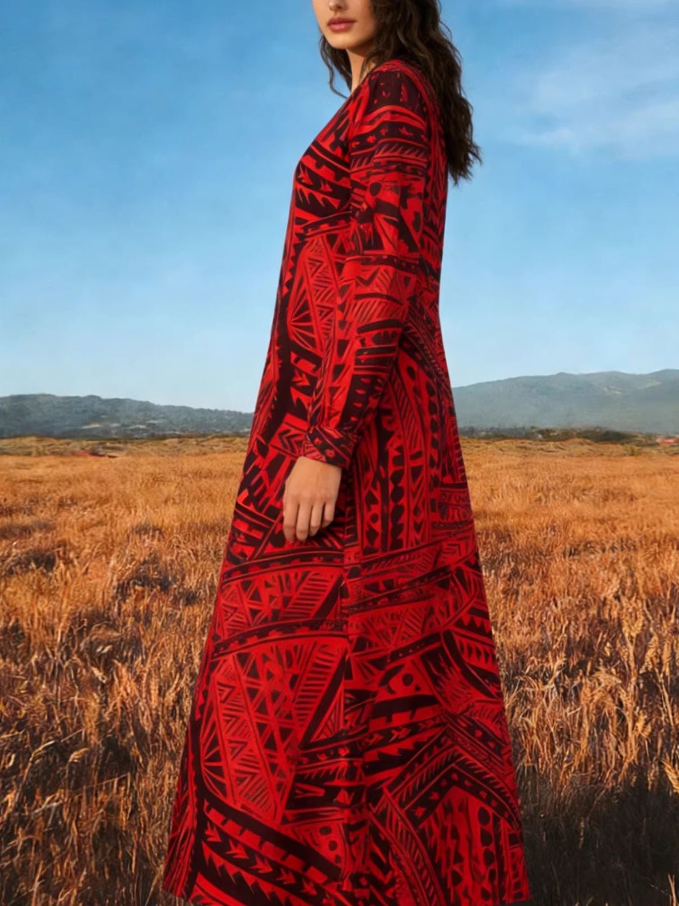 Tribal Print V-Neck Long Sleeve Dress