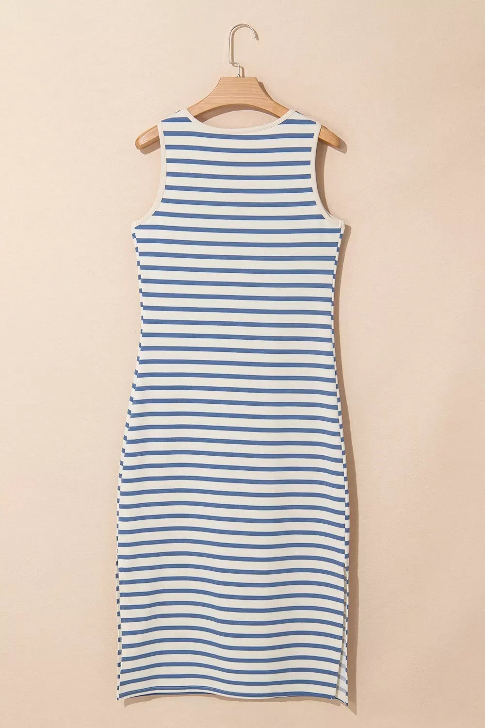 Stripe Tie V Neck Sleeveless Side Slit Midi Dress
