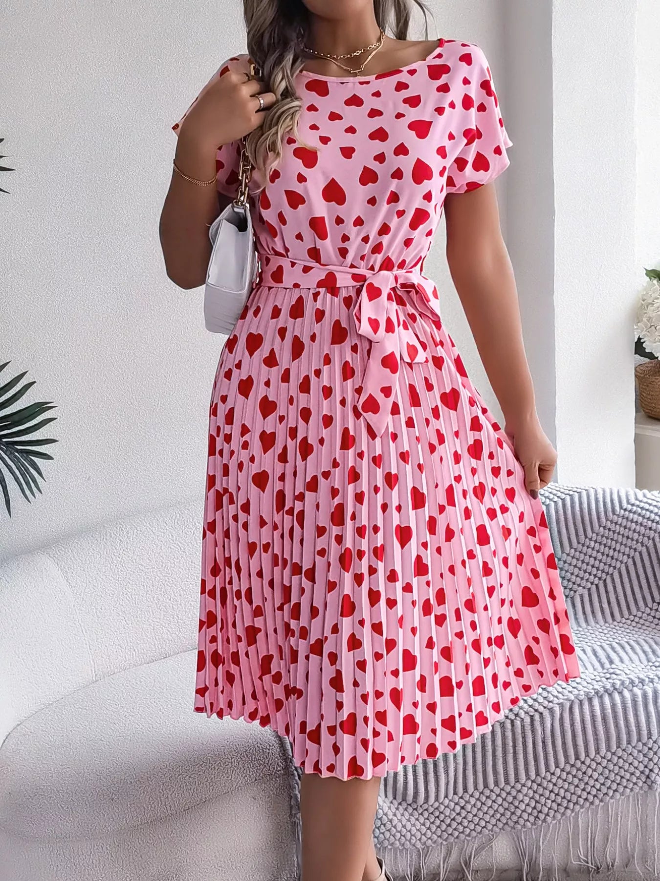 Heart Print Belted Pleated Midi Dress
