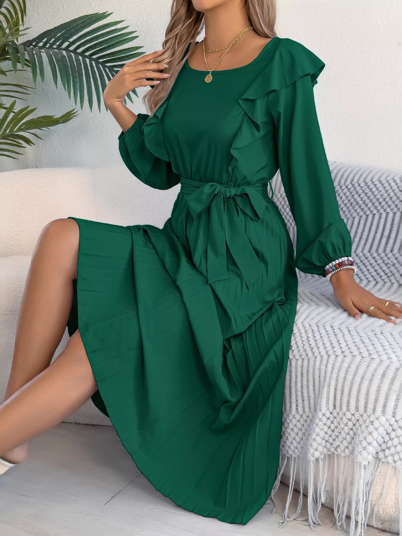 Ruffle Trim Pleated A-Line Midi Dress