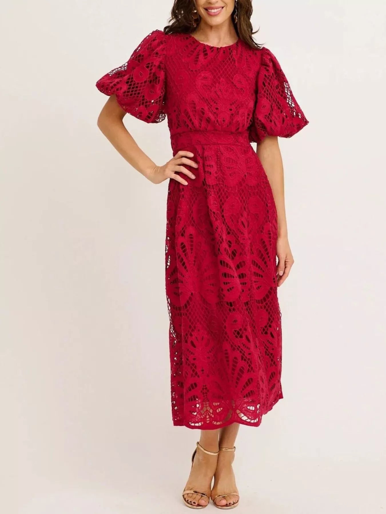 Lace Puff Sleeve Midi Dress