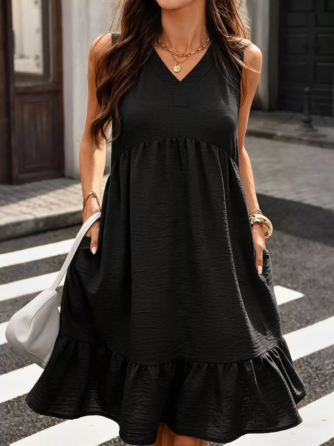Sleeveless V-Neck Ruffle Hem Casual Dress